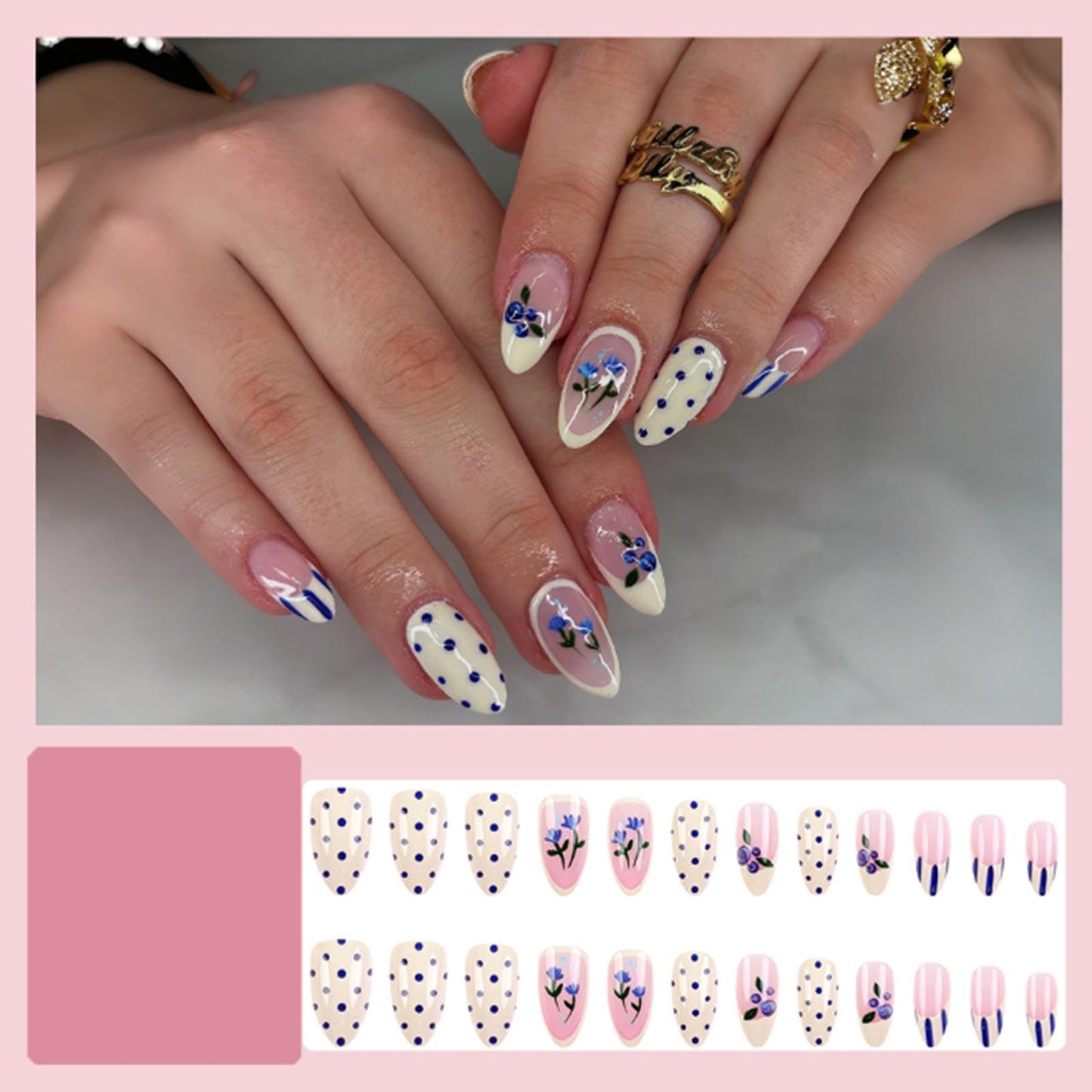 DANMANR Short Press on Nails Almond Fake Nails Full Cover Flowers Polka Dots Acrylic French False Nails for Women and Girls 24PCS