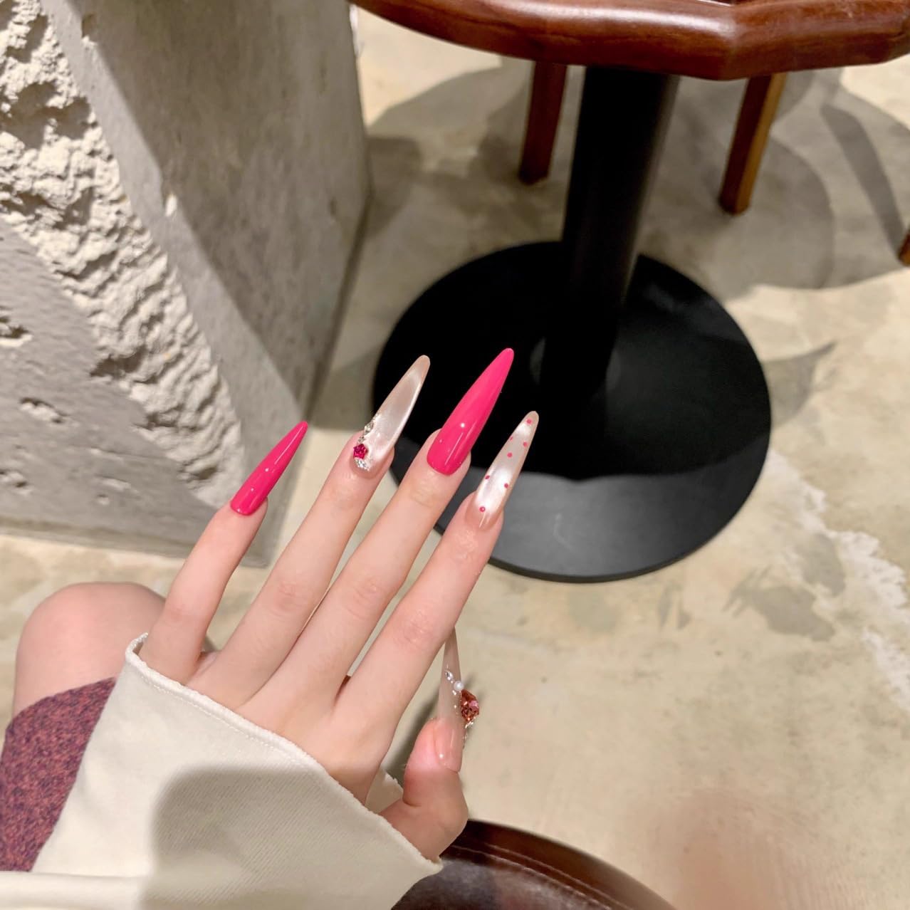 Glam Silver Coral Press On Nails, Heart Rhinestone Embellished Extra Long Stiletto Fake Nails, Reusable Manicure Set (M)