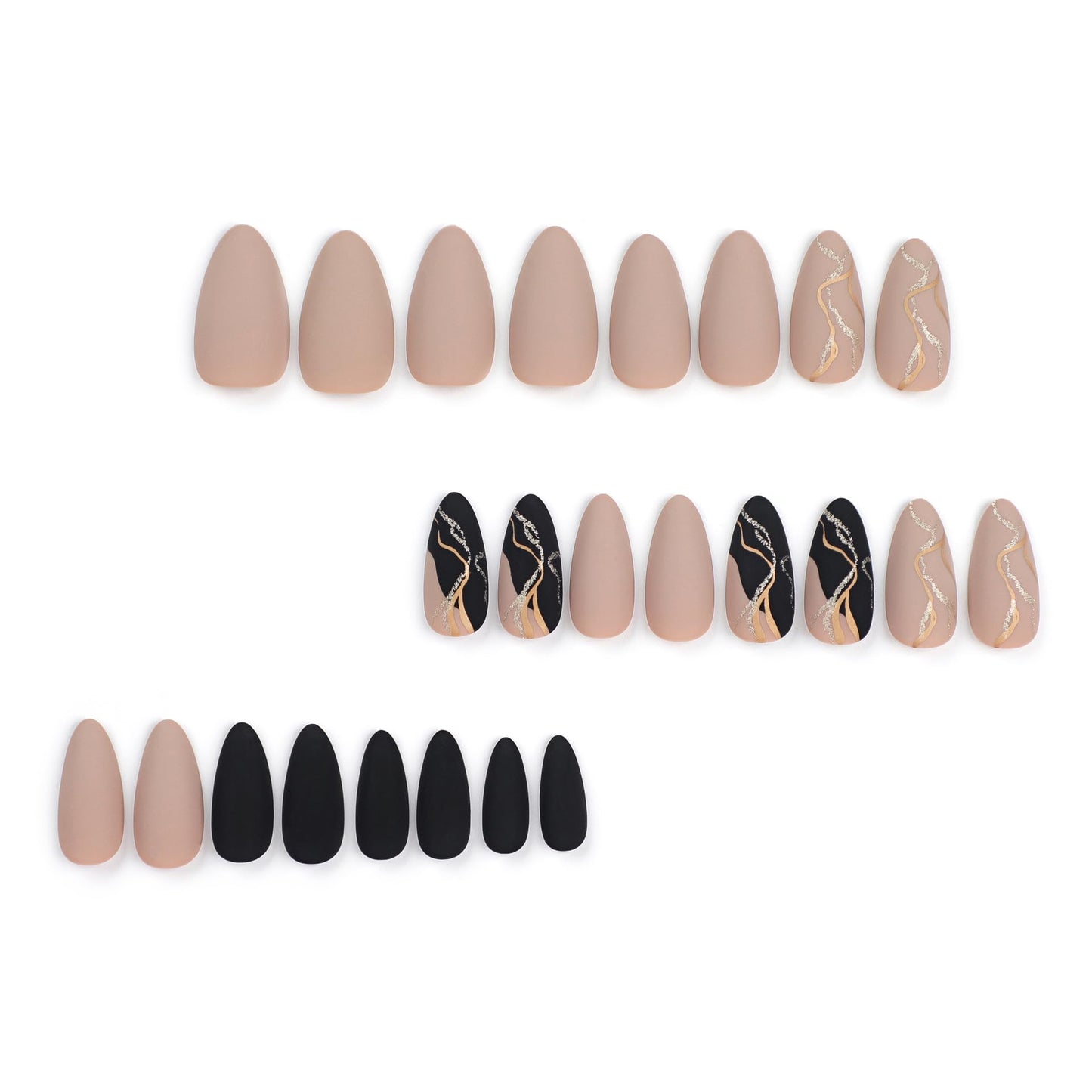 IMSOHOT Almond Press on Nails Medium French Tips Fake Nails Matte Coffee Brown Acrylic False Nails with Gold Foil Designs Full Cover Fall Black Stiletto Nails Glue on Nails for Women 24Pcs