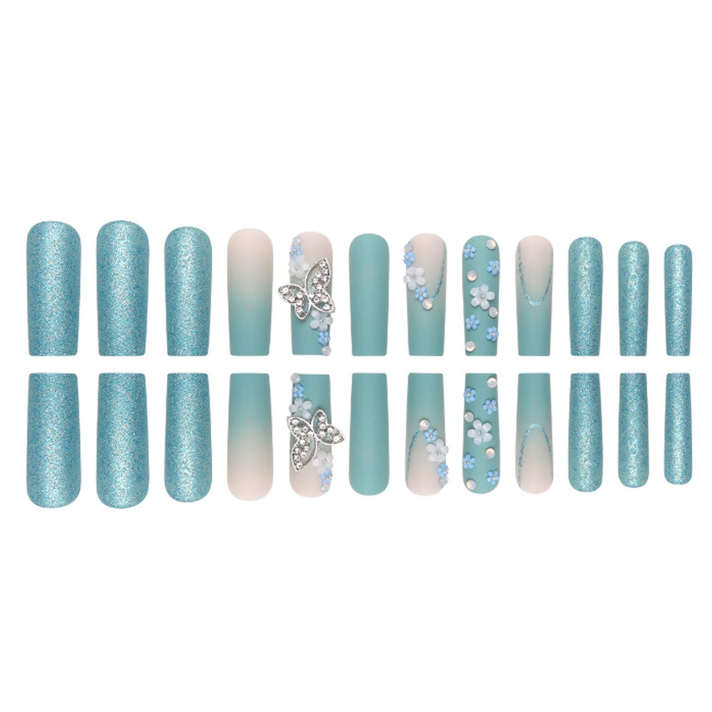 DANMANR Gradient Press on Nails Matte Fake Acrylic Long Blue Nails Square French Full Cover Butterfly Fake Nails for Women and Girls 24PCS