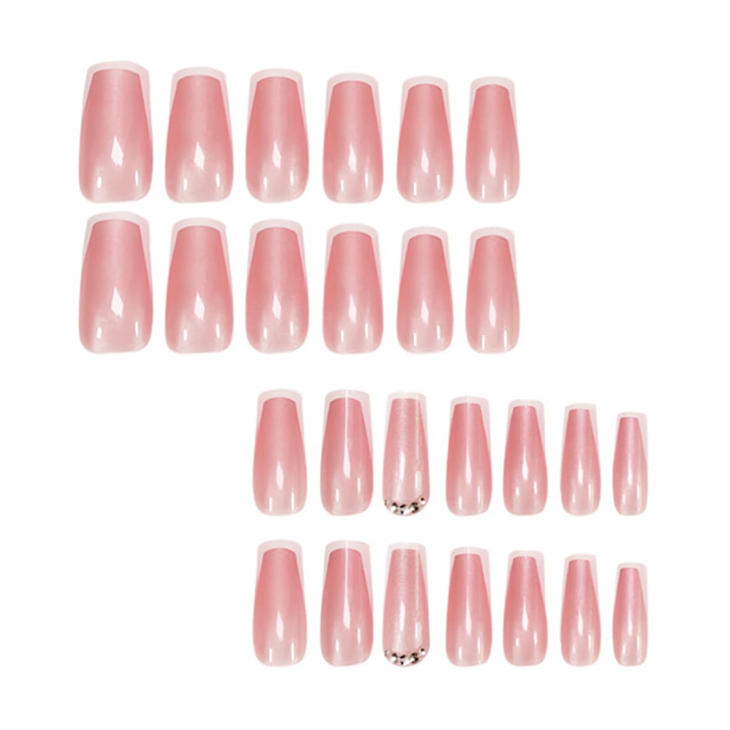 White French Electroplated Press on Nails Square Medium Fake Nails Nude Pink False Nails with rhinestone Design Glossy Reusable Stick on Nails for Women 24pcs
