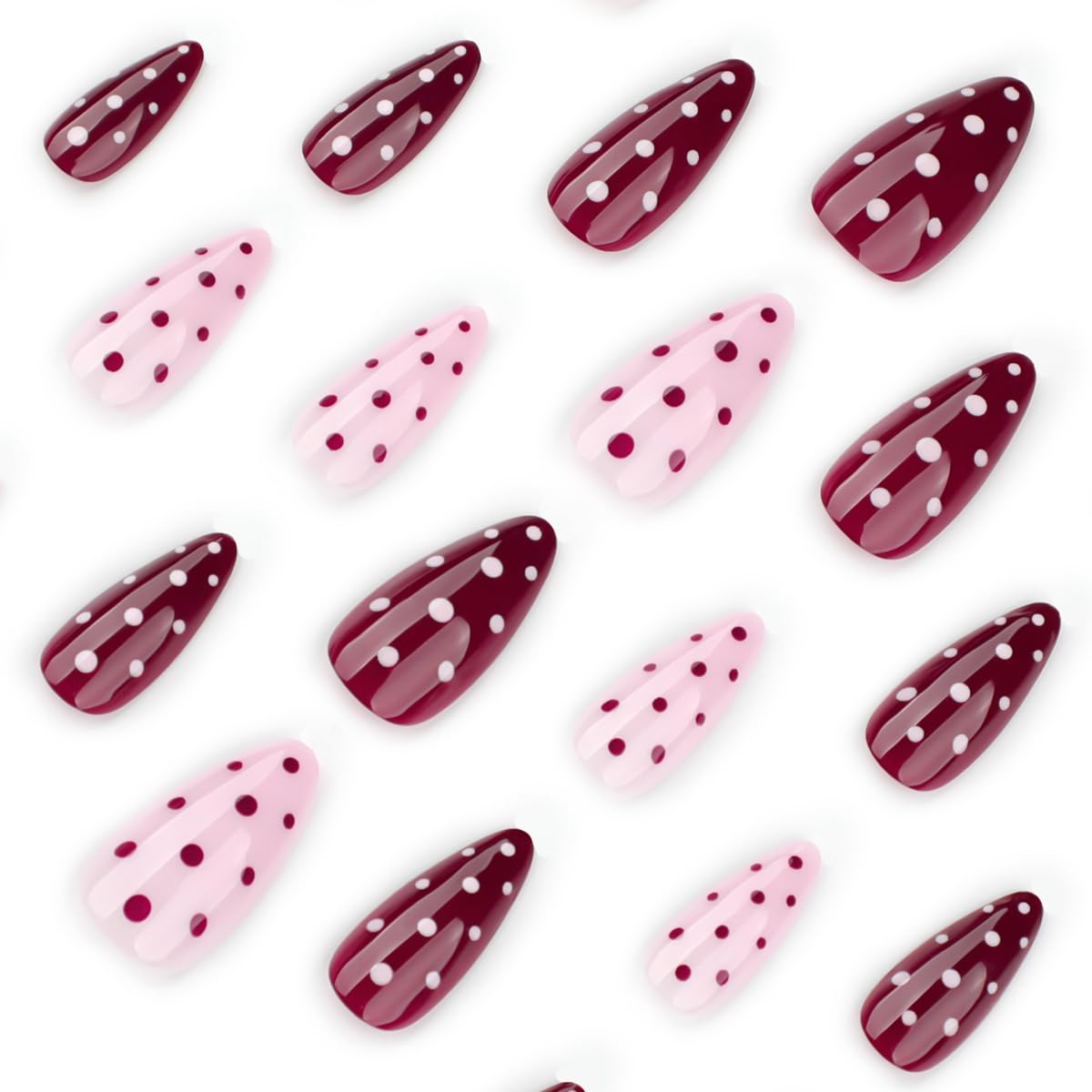 Medium Almond Press on Nails - Light Pink & Red Color Block with Polka Dot, Full Cover Glossy Fake Nails 24PCS for Women