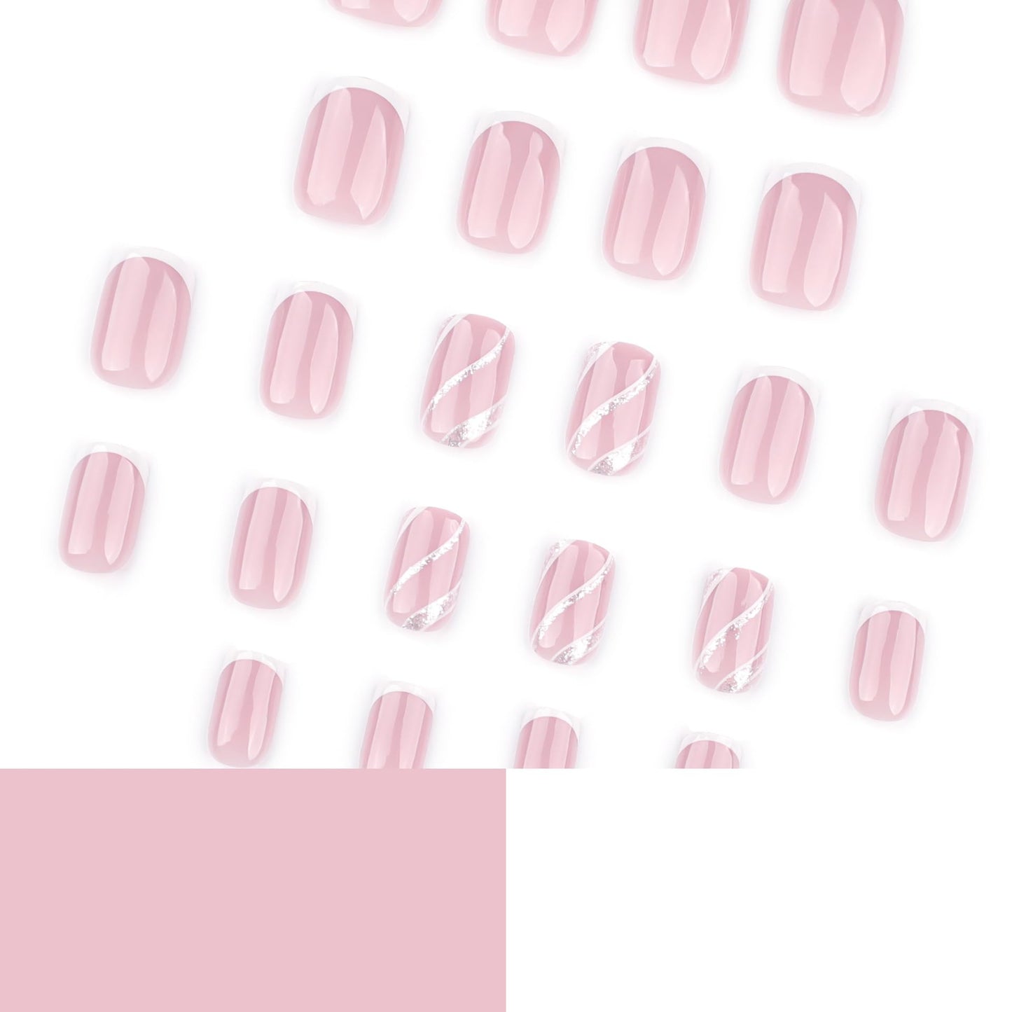 Rilafuvu Press on Nails Short Square Fake Nails Nude White French Tip Press ones Acrylic Nails with Stripe Designs Glitter False Nails Nude Reusable Stick on Nail for Women 24pcs
