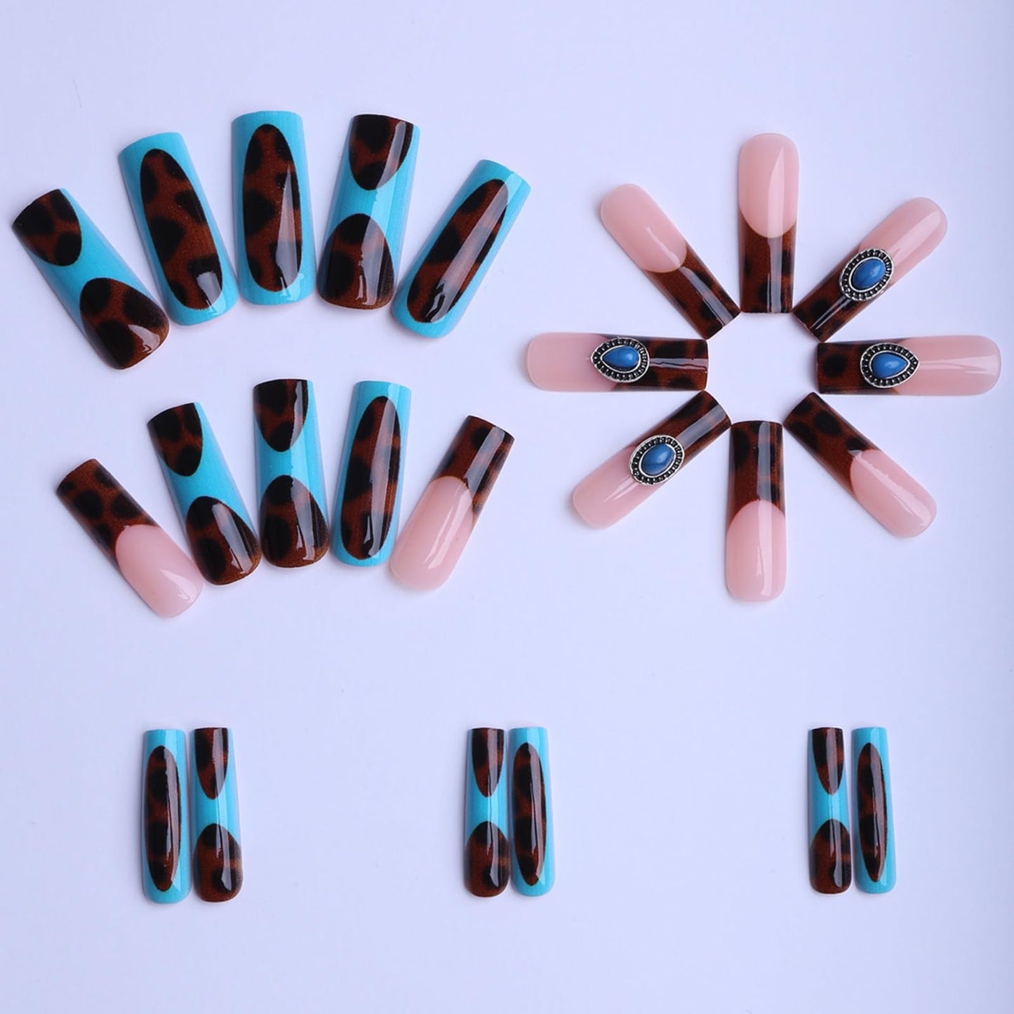 octoswave Long Square Press on Nails Leopard Tortoise Shell Print with Turquoise Charms Boho Western Style False Nails for Women 24Pcs