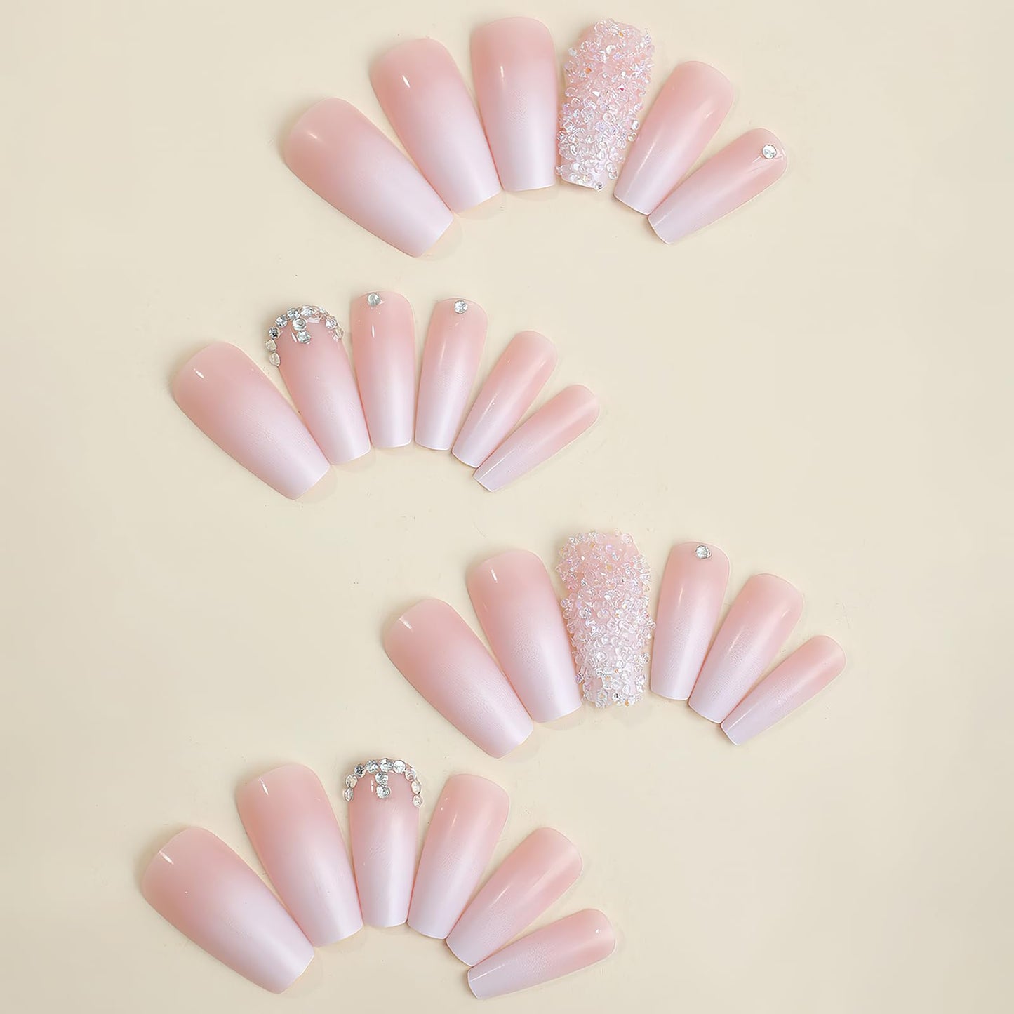 Jremg Pink Press On Nails - Long Square Coffin Fake Nails, Pink White Ombre, Full Cover Acrylic, Glossy Gradient False Nails with Design Rhinestone, Stick On Nails for Women Girls Manicure, 24Pcs