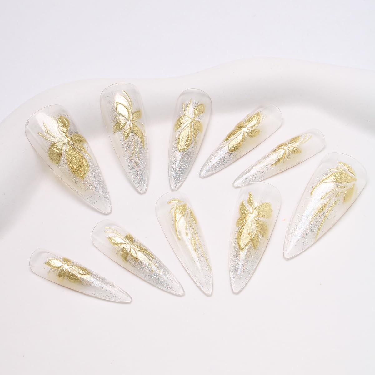 24Pcs Gold Press on Nails Almond Long Glitter Nude Fake Nails Luxury Metallic Flower Acrylic Nails Glue on Nails Reusable Full Cover False Nails for Women Wedding Party Daily DIY Manicure