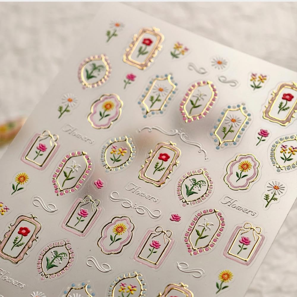 5D Embossed Flower Nail Stickers Irregular Geometric Frames Nail Designs Gold Hollow Designs Nail Decals Dasiy Rose 3D Self-Adhesive Summer Nails Art Decoration for Women DIY 1 Sheet