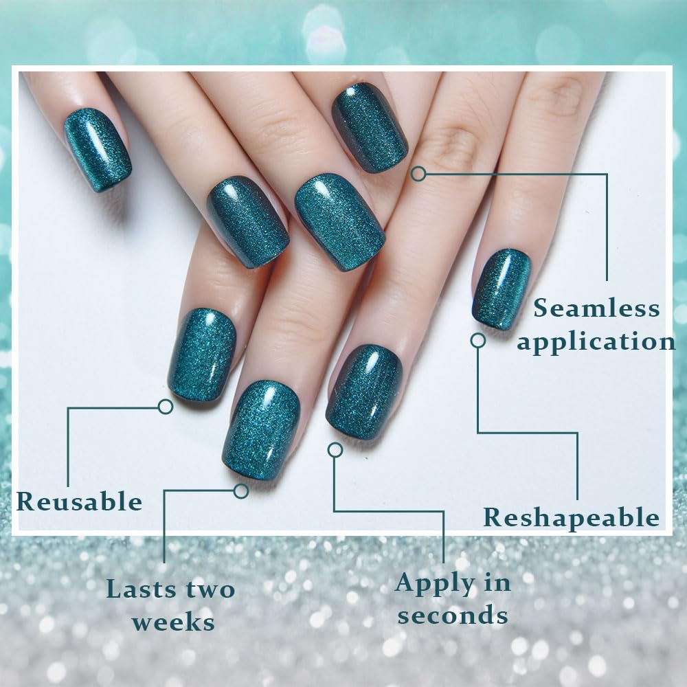 evpct Peacock Blue Cat Eye Press on Nails Short Square, Short Square Stick on Nail for Women Gift, Sapphire Blue Metallic Glitter Reusable Gel Press on Acrylic Fake Nail with Cat Eye Designs