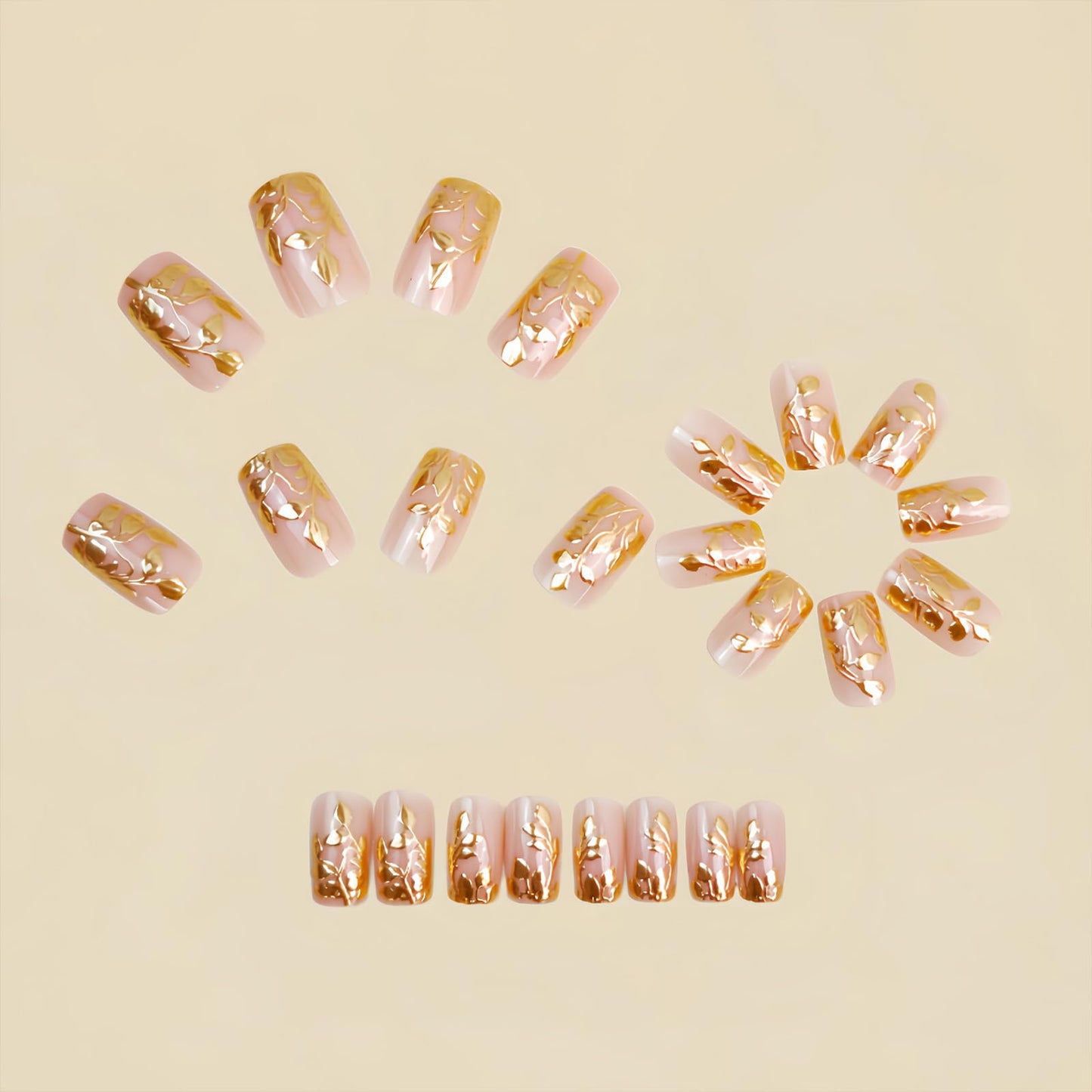 SINHOT Square Press on Nails - Short Fake Nails, Glossy Finish, Gold Chrome Leaves & Nude Natural, DIY Artificial False Nail Art - 24 Pcs Nail Kit with Glue