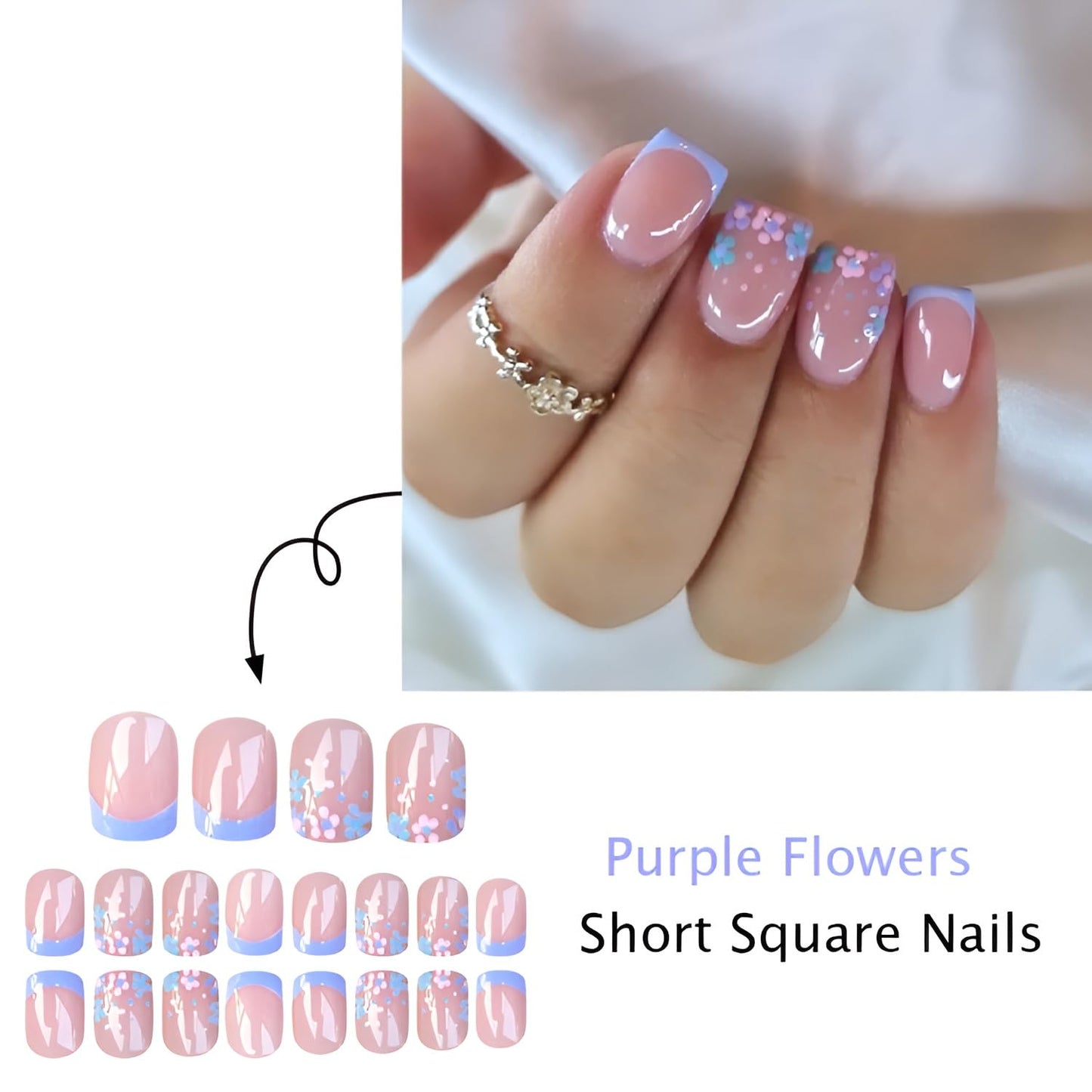 Flower Press on Nails Short Square Fake Nails French Tip Nails Press Ons Summer Spring False Nails Purple Blue Glue on Nail Glossy Full Cover Stick on Nail for Women Decorations Set 24Pcs