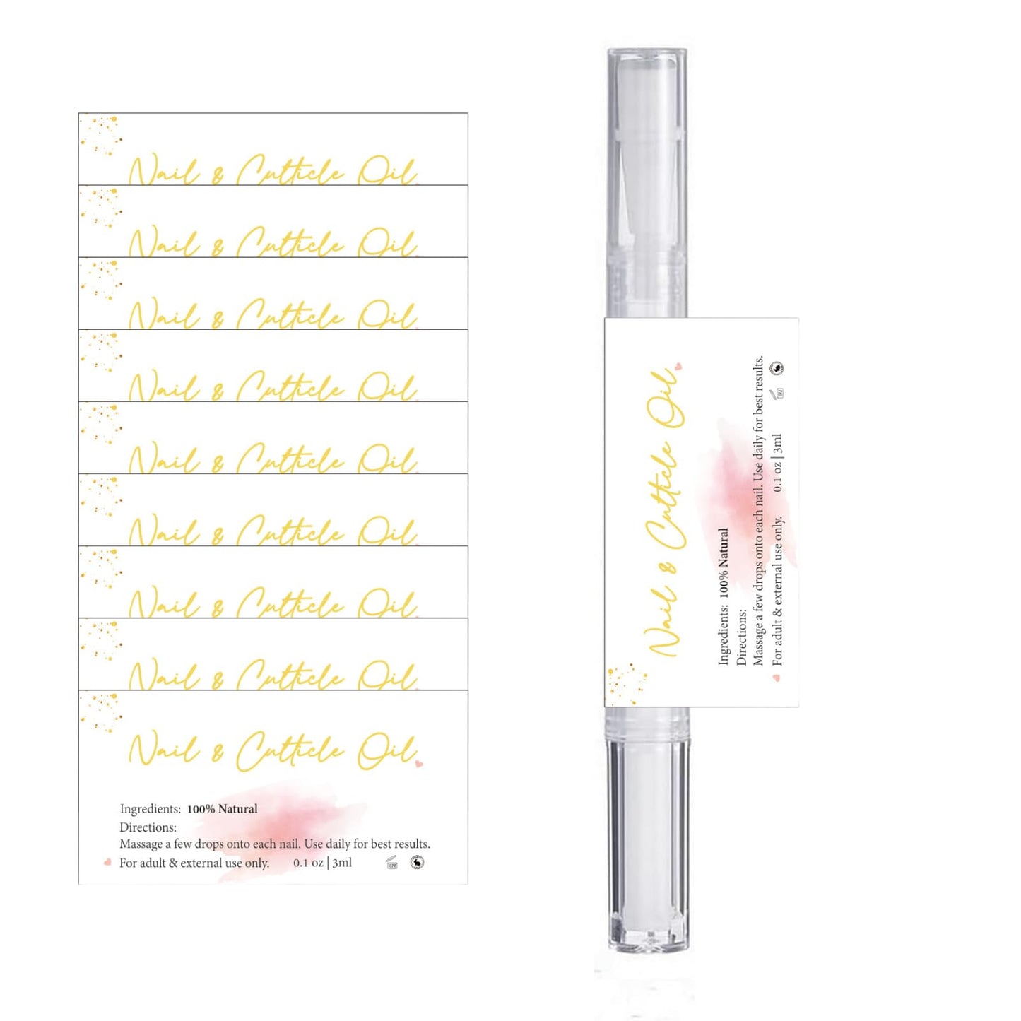 Press On Nails Sizing Kit Card 5x7 inch & 100pcs Empty Cuticle Oil Pen Label Bundle