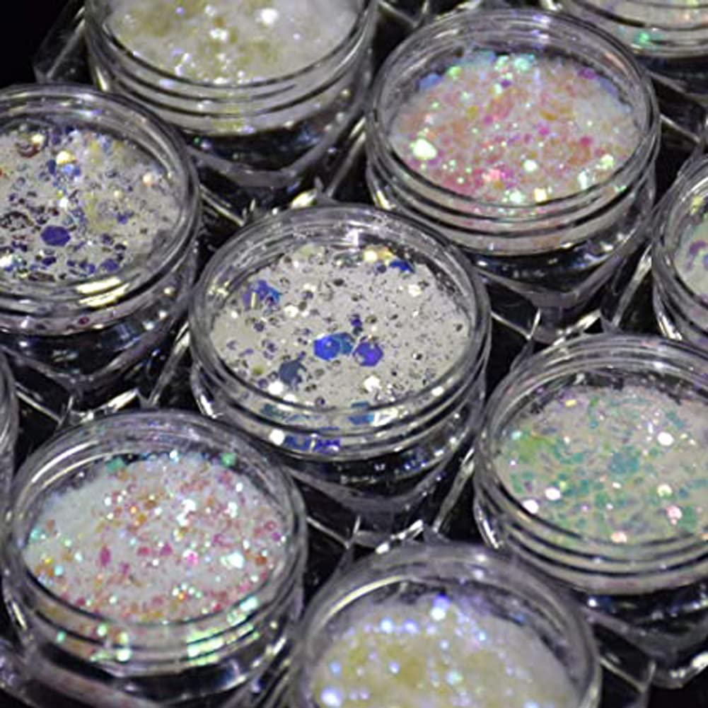 Mesiyun Nail Art DIY Sequins White Holographic Glitters Chunky Iridescent Flakes 3D Sticker for Face Eyes Body Hair Makeup Decoration 12Pots