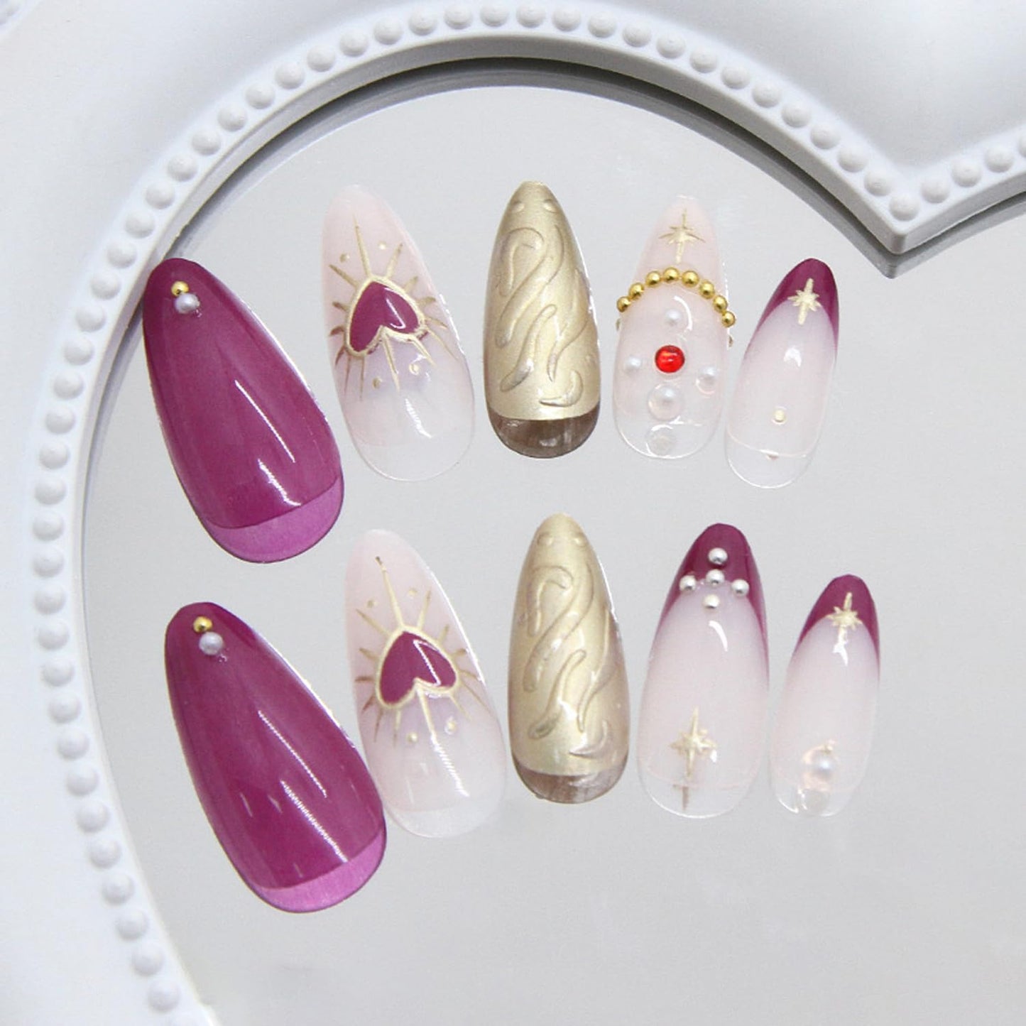 24Pcs Purple Press on Nails Medium Almond Fake Nails 3D Ripple Star Heart Pearl Design Removable Oval Press on Y2K Gold French False Nails Full Cover Glue on Nails Glossy Artificial Nails for Women