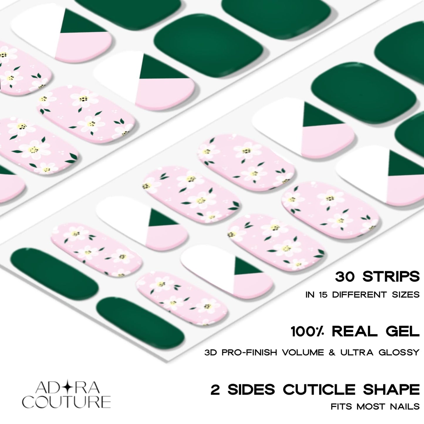 Adora Couture Semi Cured Gel Nail Strips with 30 Pieces, Salon Quality Wraps for Women, Beautiful Deep Green with Floral Accents UV Gel Stickers, UV Light Required, Petal Grove
