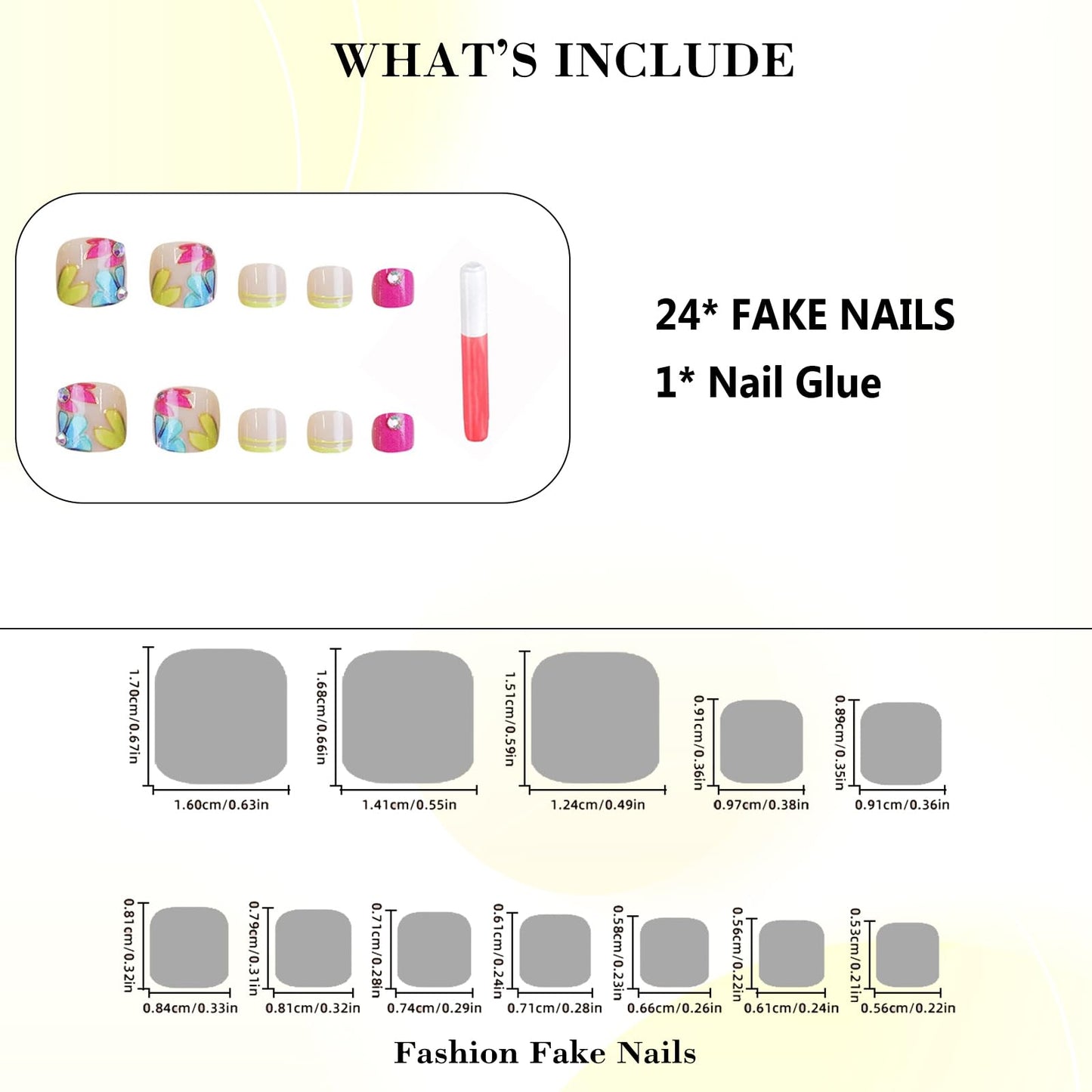 IMRAIN Press on Toenails Short Square Fake Toe Nails Pink Blue Yellow French Tips False Toenails with Flower Designs Full Cover Summer Glossy Glue on Toe Nails for Women 24Pcs