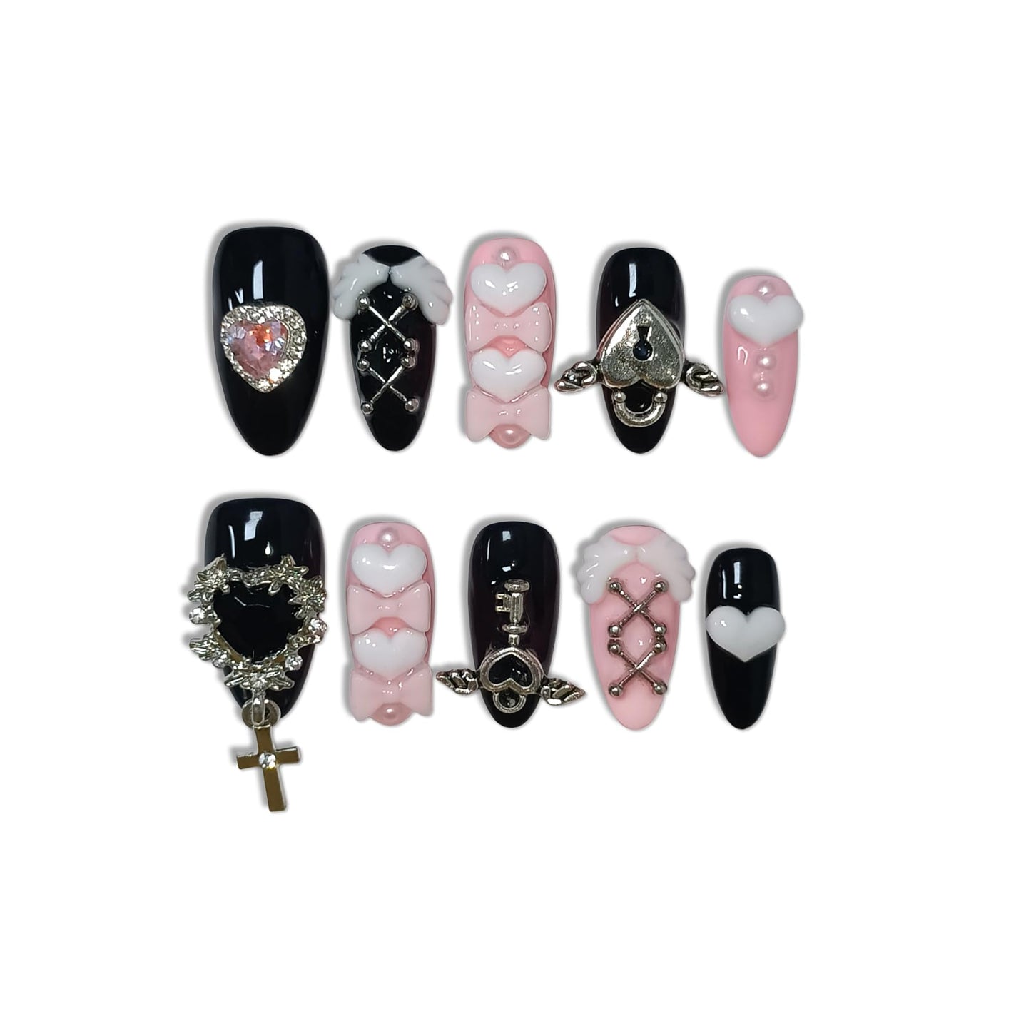 TENPAL 10Pcs Y2K Press On Nails With Tools,Ebony & Pink Almond Fake Nails with 3D Heart Bow & Cross Charms,Glossy Edgy Sweet Cute Nails for Women Girls,Handmade Acrylic Nails for Concert Party(S)