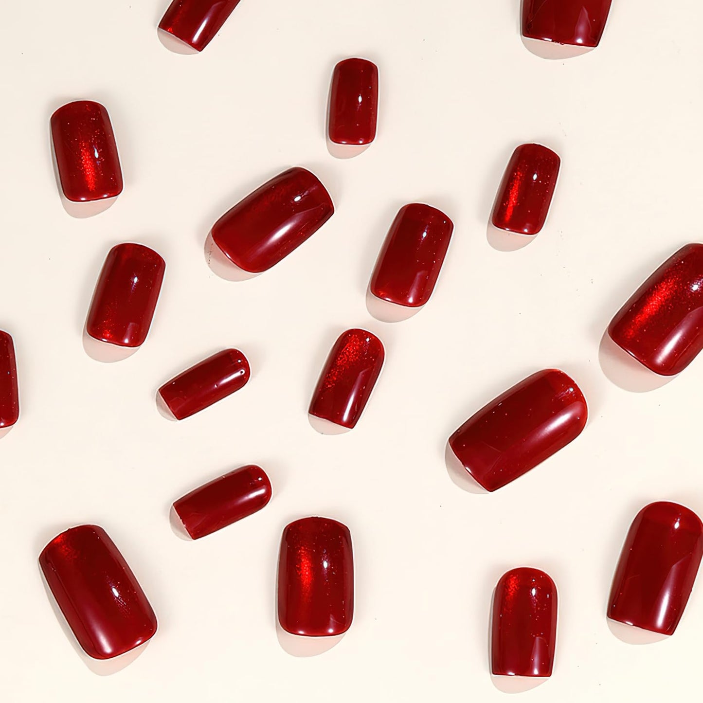 Red Press on Nails Fake Nails Short Square False Nails with Glitter Glossy Full Cover Glue on Nails Wine Red Reusable Artificial Stick on Nails for Women Girls Nail Manicure Decoration 24pcs