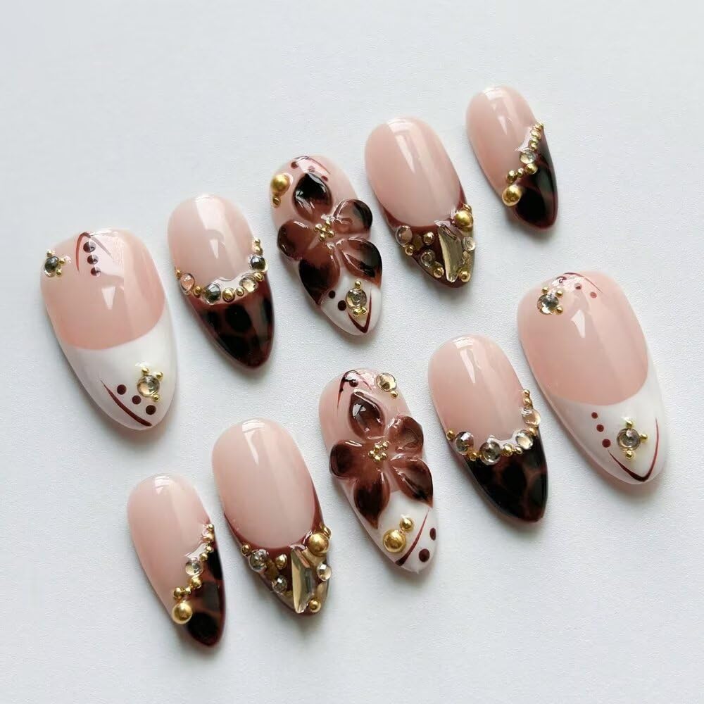 Spring Press On Nails MAGLFELL Handmade 10Pcs Almond Fake Nails, 3D Carving Floral and Gold Plated Decoration Design, Reusable Acrylic Nails Tip Salon Artificial Nails Kit (Size M)