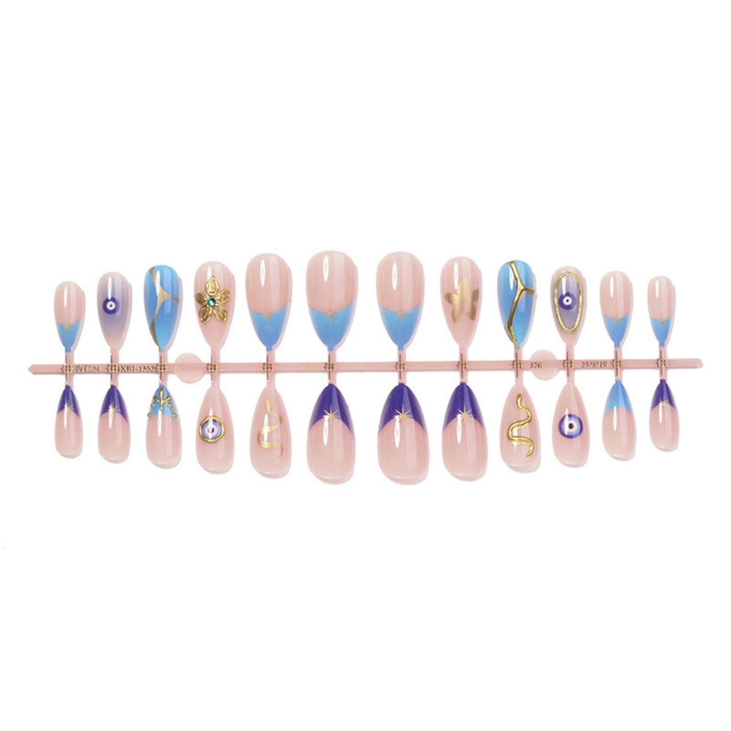 octoswave Press on Nails Medium Almond Fake Nails Blue French Artificial Nail Flowers and Gold Charm Stick on Nail for Women 24pcs
