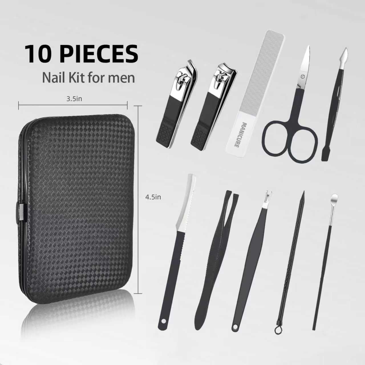 10Pcs Manicure Pedicure Kit Professional Manicure kit for Men Care Nail kit, Mens Nail Care kit,fingernail and toenail Clippers with Portable Luxurious Travel Case (Black)