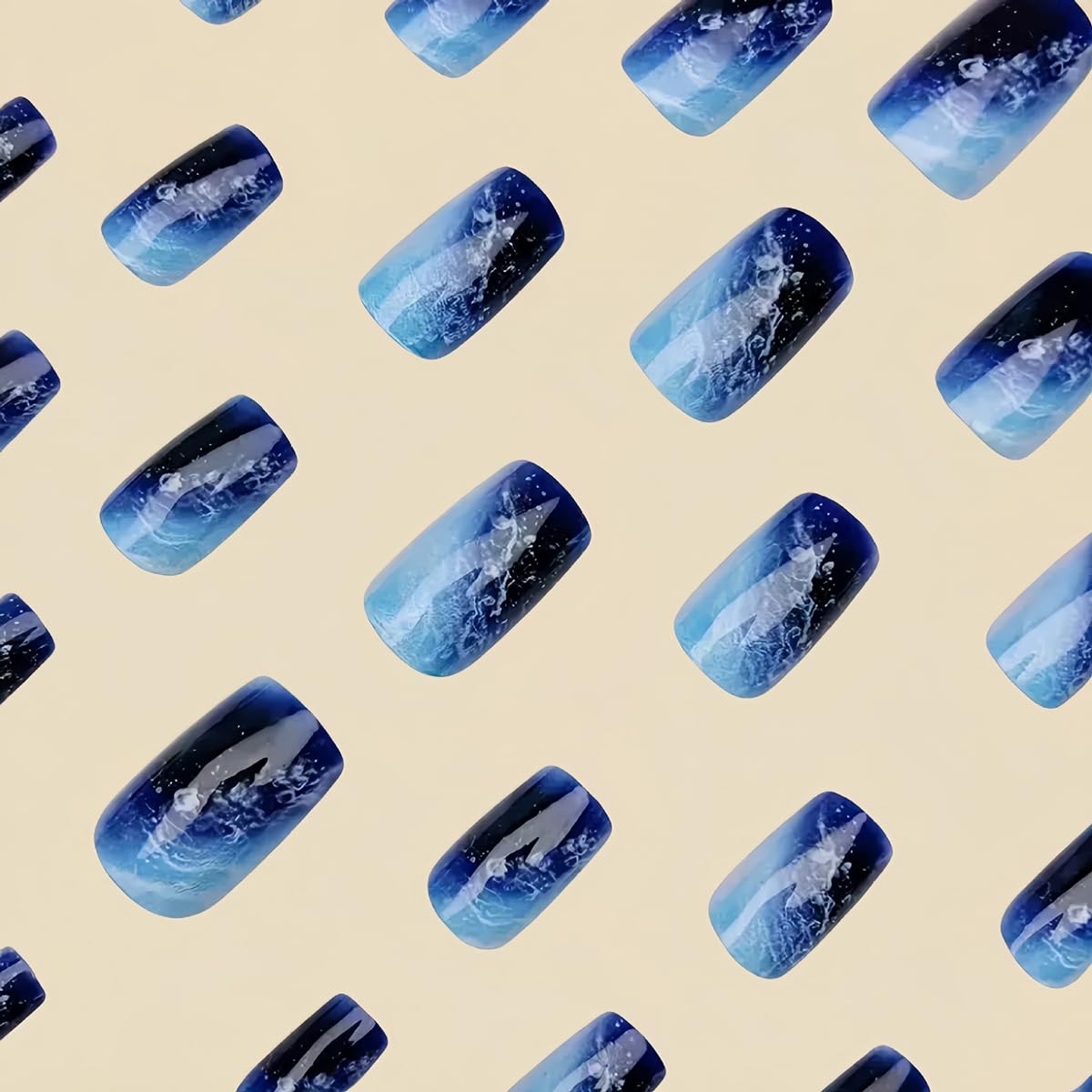 24Pcs Ocean Blue Fake Nails Short Medium Square Press on Nails with Dark Blue Gradient Designs Waves Nail Press ons Glossy Full Cover Glue on Nails Reusable Stick on Nail for Women Manicure