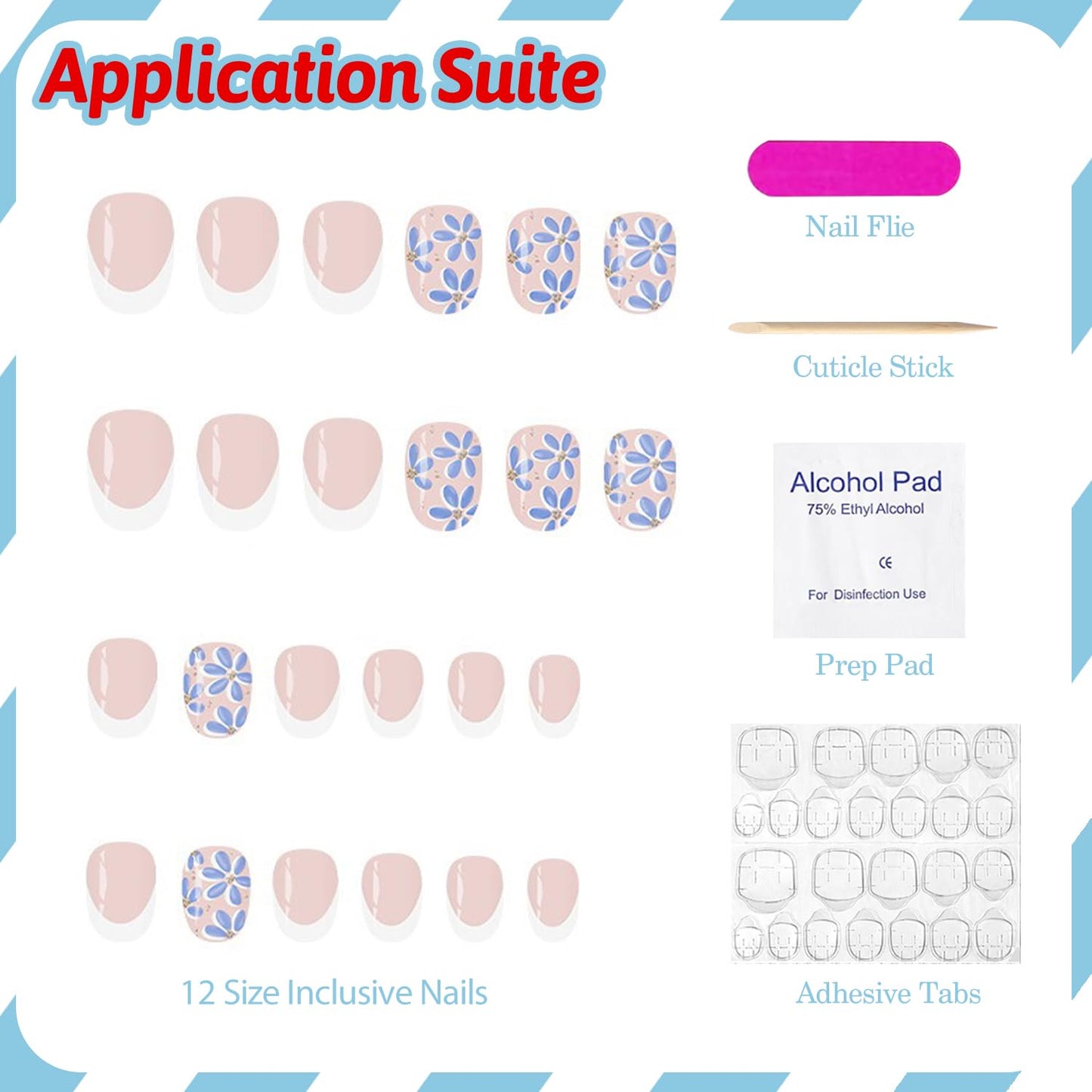 White French Tip Press on Nails Short Almond Fake Nails False Nails with Blue Flower Glitter Designs Glossy Glue on Nail Summer Spring Acrylic Nails for Women Girls 24Pcs