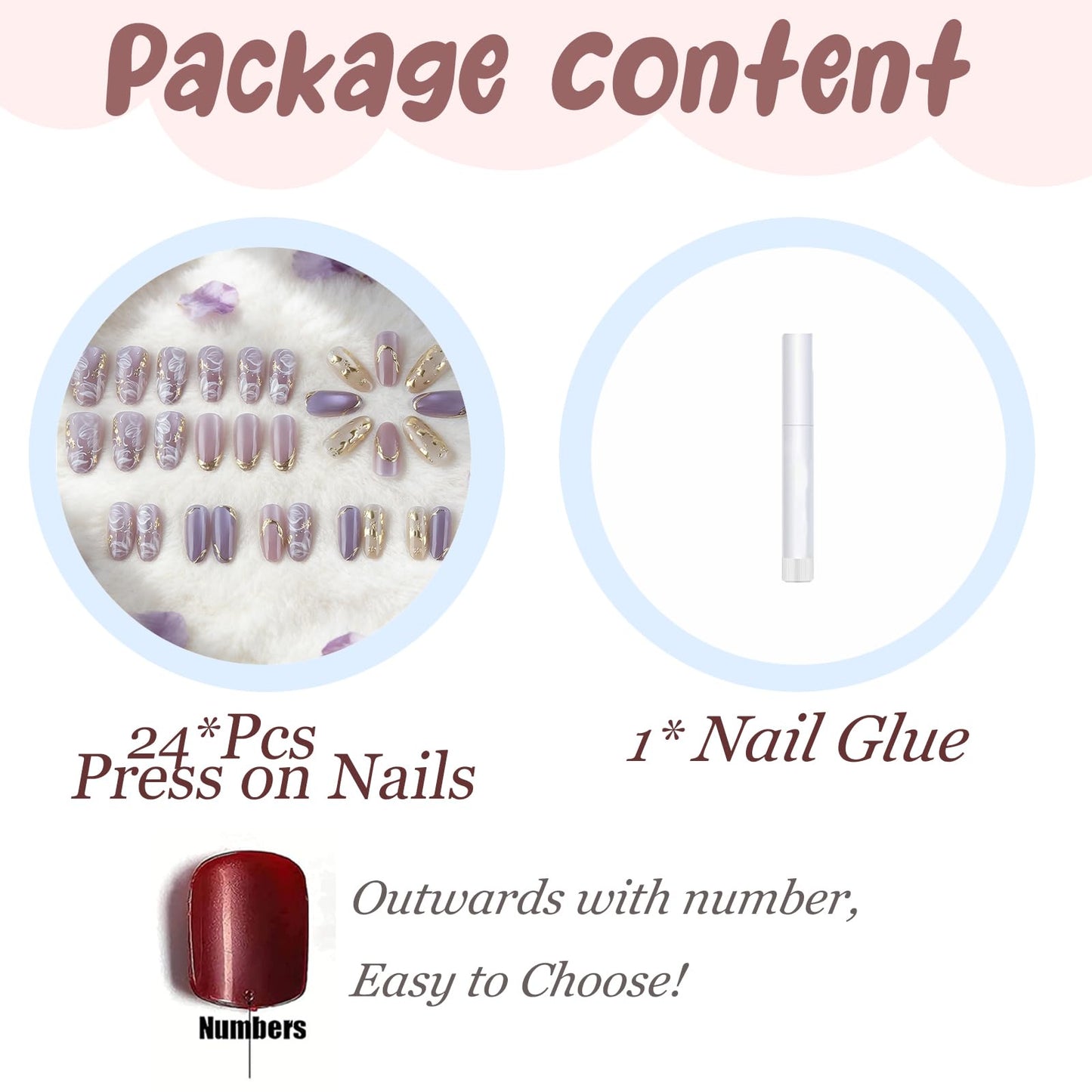 BABALAL Press On Nails, Short Almond Fake Nails, Purple Lavender, Cat Eye With Gold Foil Floral Design, Glossy Full Cover Glue On Nails For Women And Girls 24Pcs