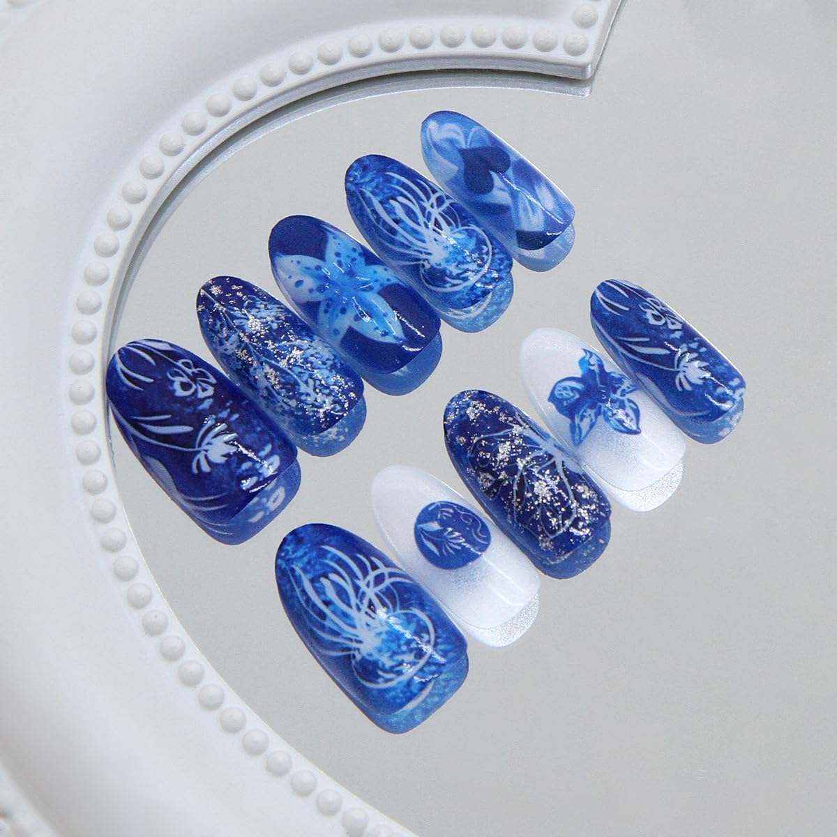 plalely Almond Press on Nails Short Blue Fake Nail 3D Flowers Acrylic Nail Press ons Marine Organisms Stick on Nail for Women 24pcs