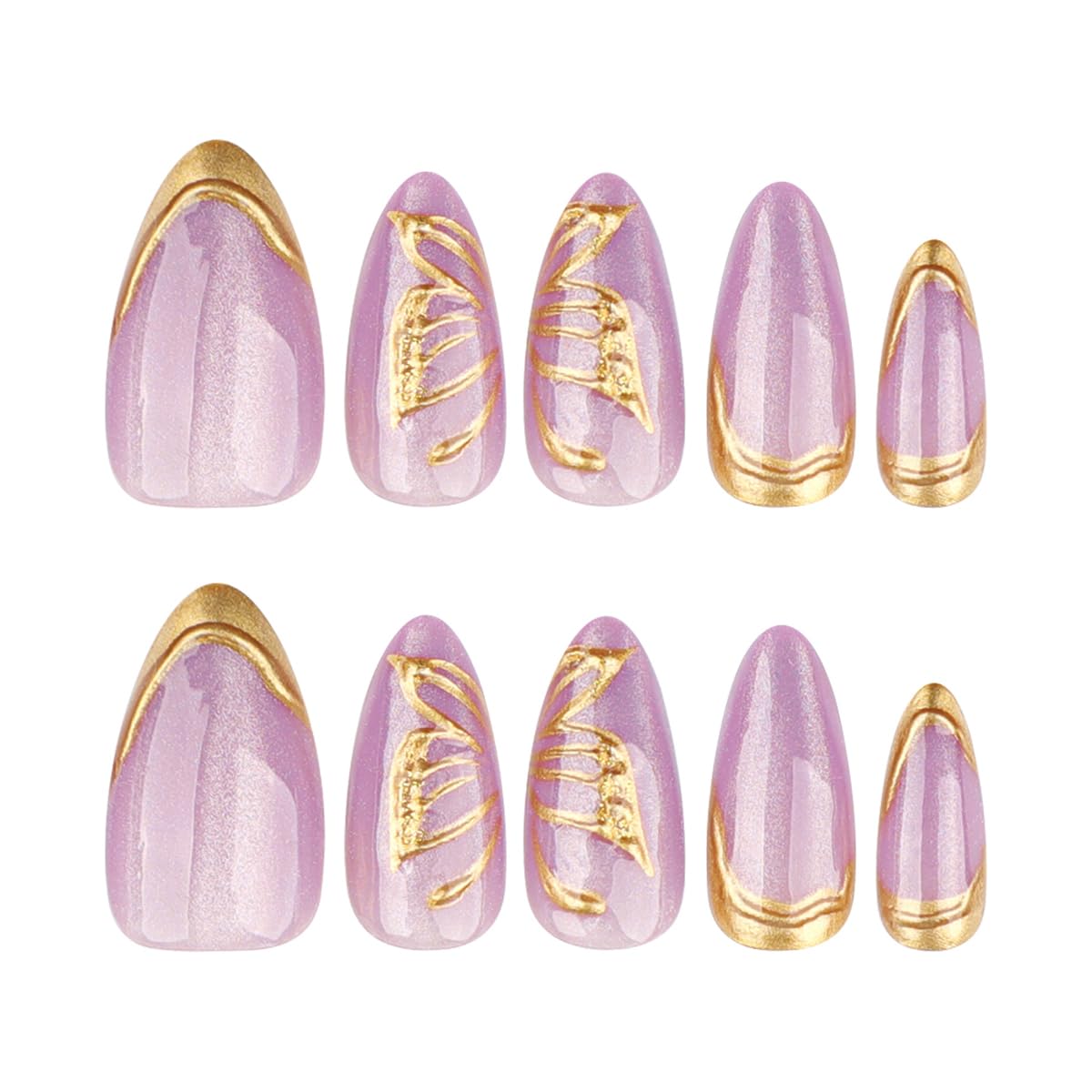 Purple Press on Nails whit Gold Butterfly - Medium Almond Fake Nails Cat Eye Nail Press ons Full Cover Glossy Spring Stick on Nails for Women 24PCS