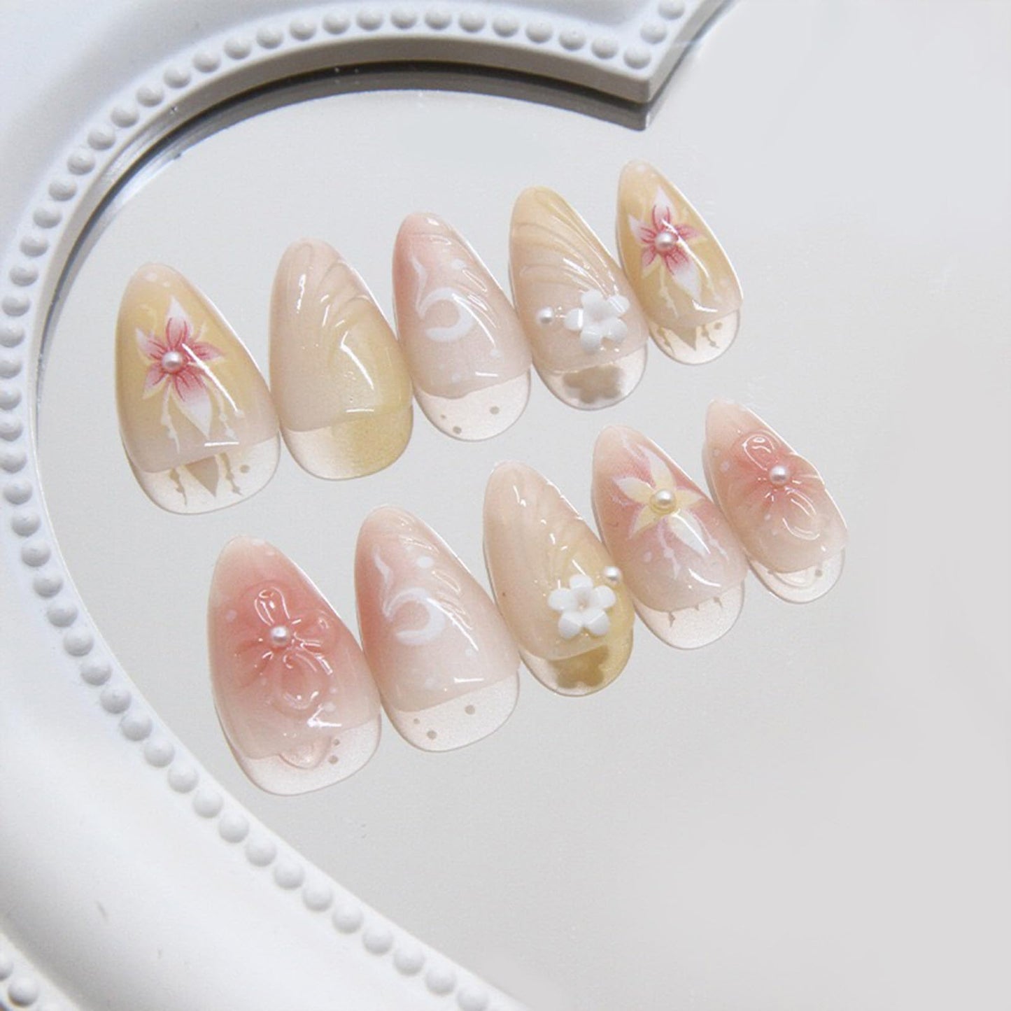 FJSMTOPl Flower Press on Nails - Almond Fake Nails - False Nails with Designs 3D Floral - Acrylic Glue on Nails - Spring Stick on Nails for Women Cute Stick on Nails 24Pcs