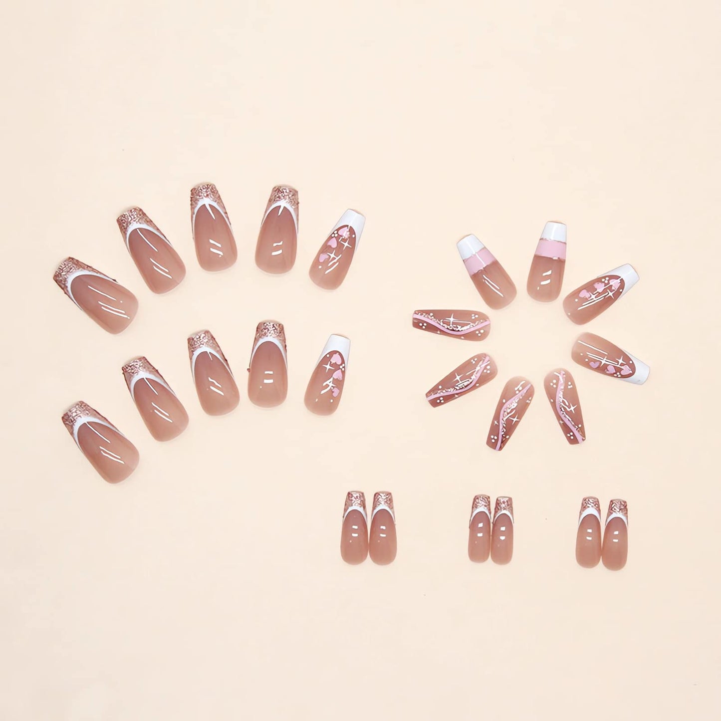 IMSOHOT Press on Nails Long Coffin Fake Nails French Acrylic Glue on Nails Glossy Full Cover Glitter Pink Heart False Nails for Women Girls 24Pcs