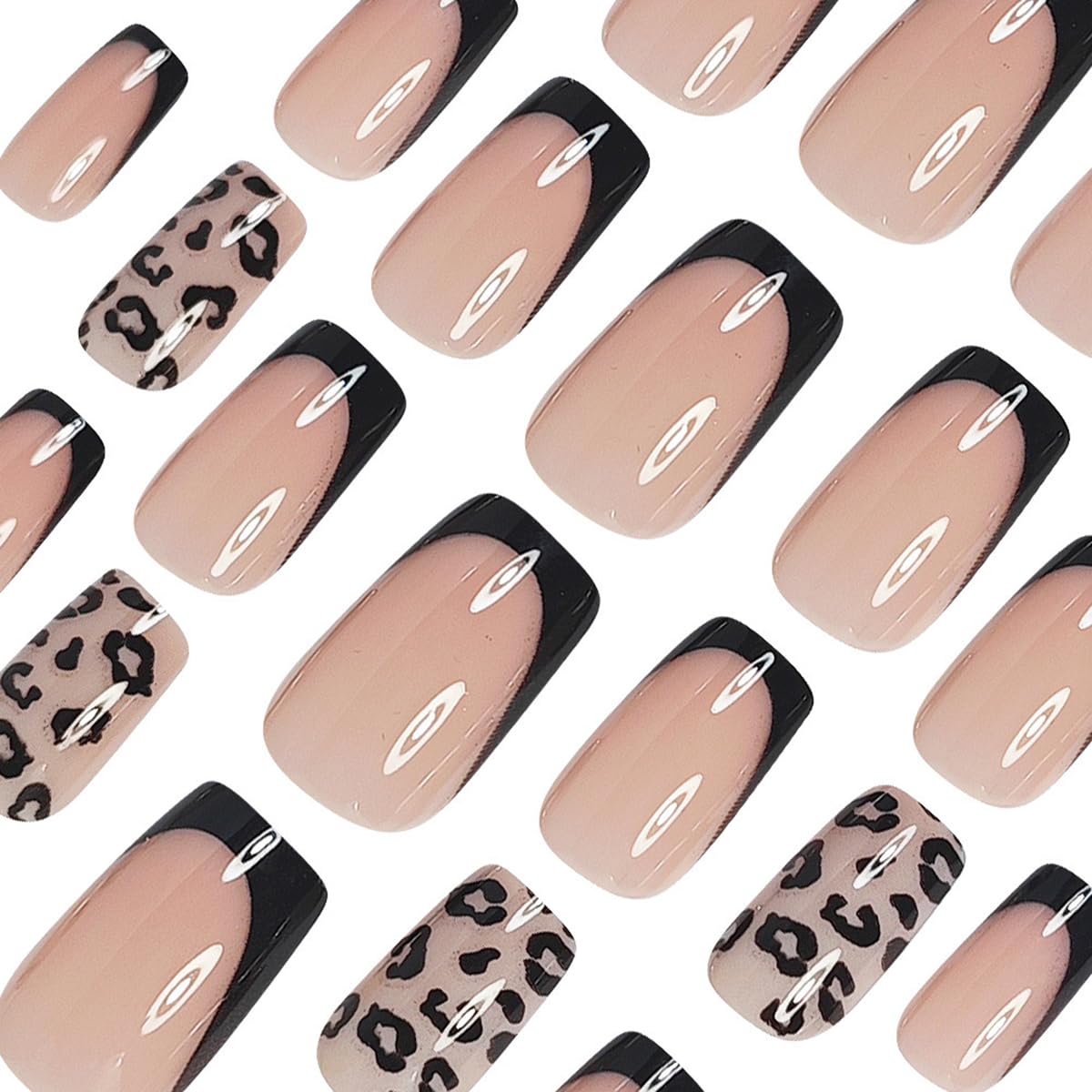 24Pcs Black French Fake Nails QUNQINLI Short Square Press on Nails with Leopard Print Designs Nude Nail Press ons Glossy Full Cover Glue on Nails Reusable Stick on Nail for Women Manicure