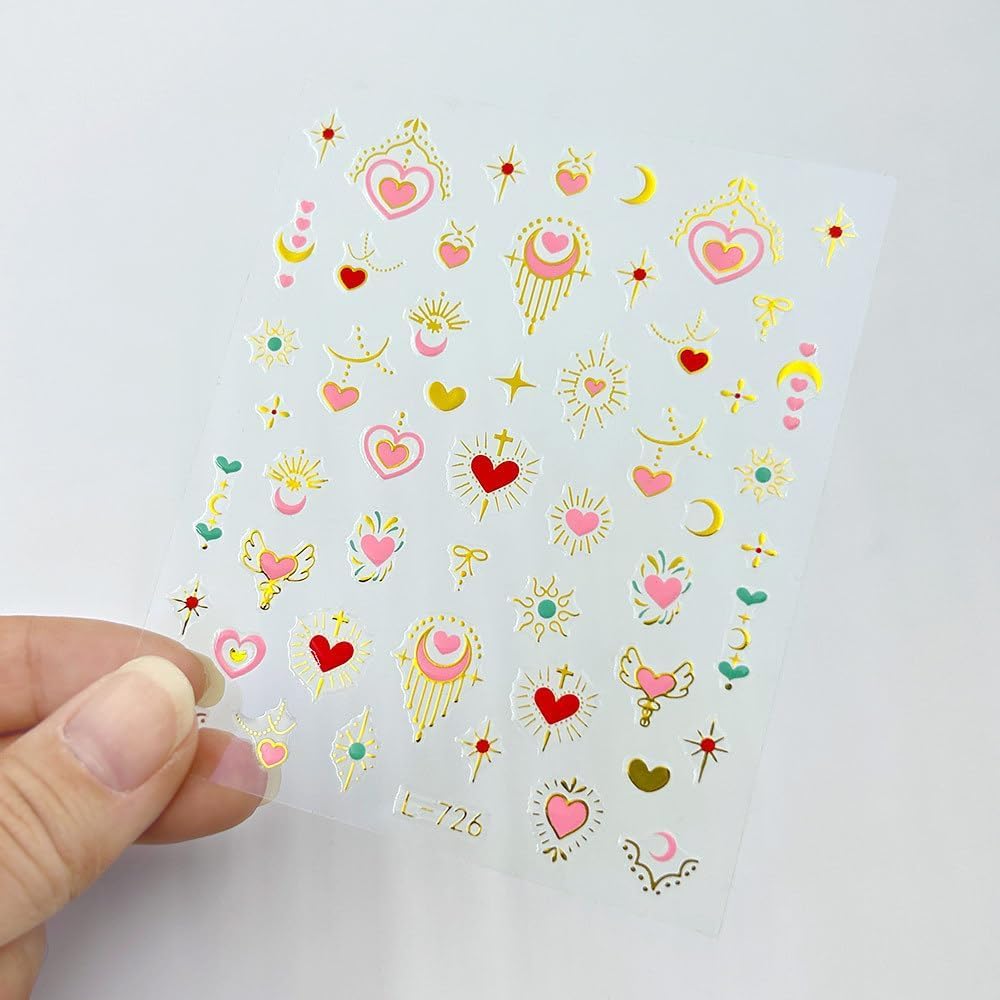 Bohemia Nail Stickers for Nail Art Gold Moon Sun Star Heart Nail Art Stickers Boho Nail Decals 3D Self-Adhesive Colorful Retro Nail Sticker for Women Girls DIY Manicure 6Sheets