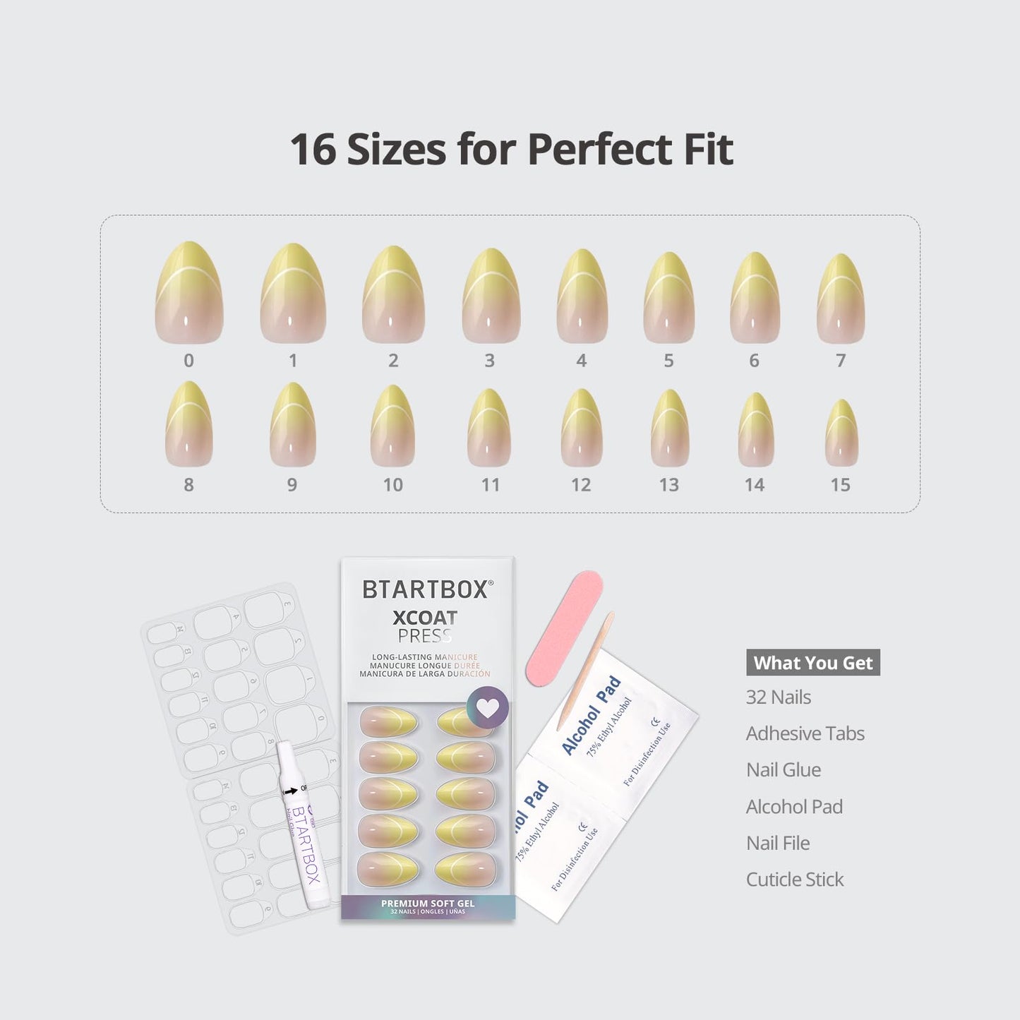 BTArtbox French Tip Press On Nails - First Light, Lamp-Curable 4-Week Wear Yellow Ombre Short Almond Press On Nails with Glue and Adhesive Tabs, Easy-to-Apply in 16 Sizes - 32 Nails All-in-One Kit