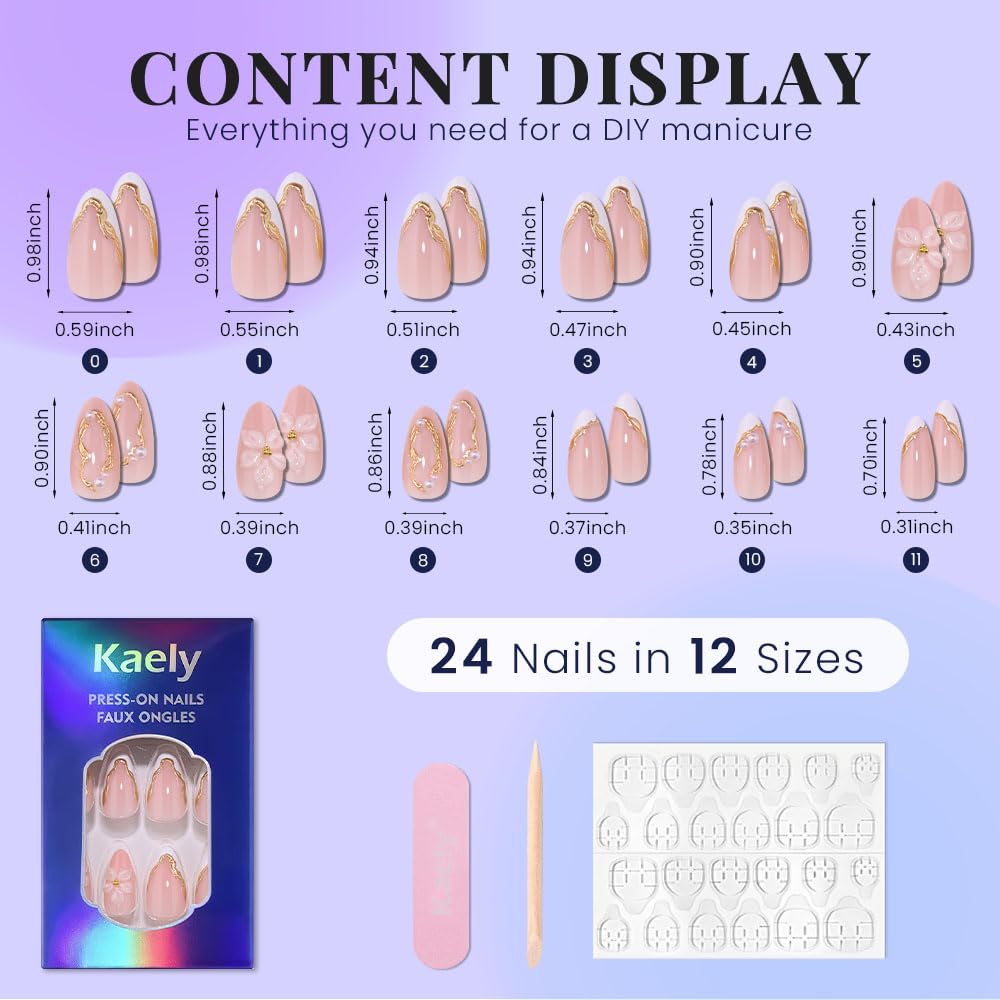evpct Nude Pink French Press on Nails Short Almond No Glue, 3D Gold LineWhite French Tip Stick on Nails for Women, Reusable Full Cover Soft Press on Fake Nail Perfectly Fit with 3D Flower Design