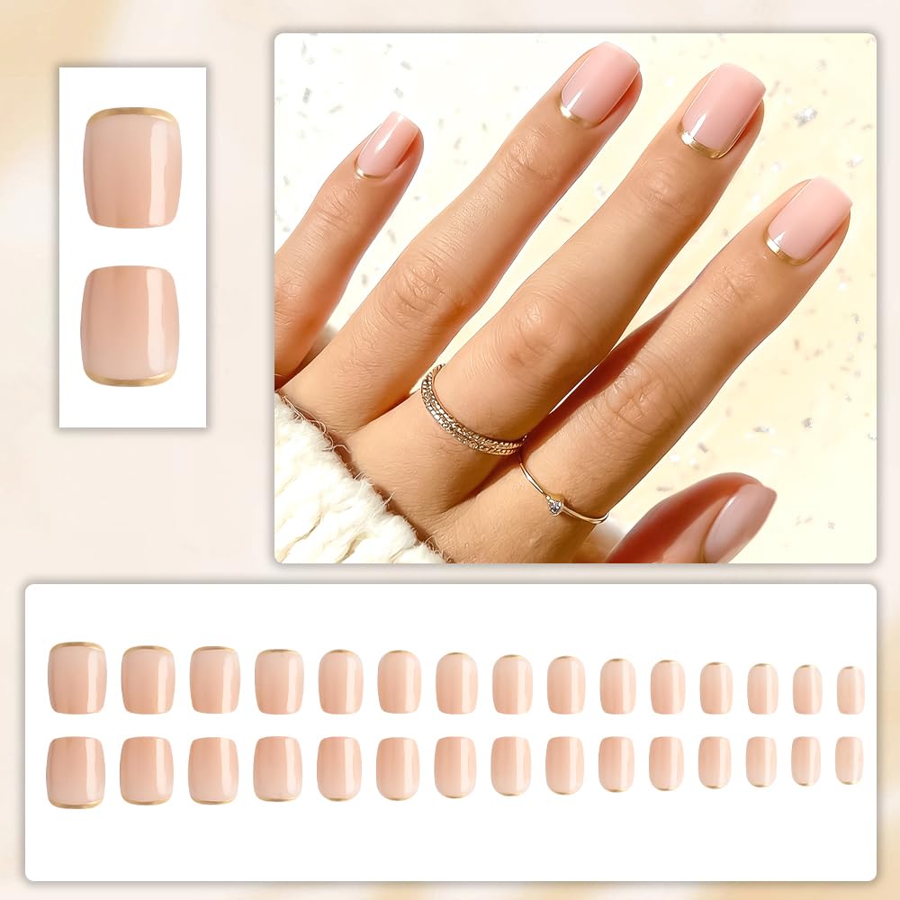 Taoyisent Nude Pink Press On Nails Short Square Glossy, Minimalist Gold French Tip Fake Nails, Reusable Full Cover Stick On Nails for Women Office Wedding Daily Wear, 30PCS