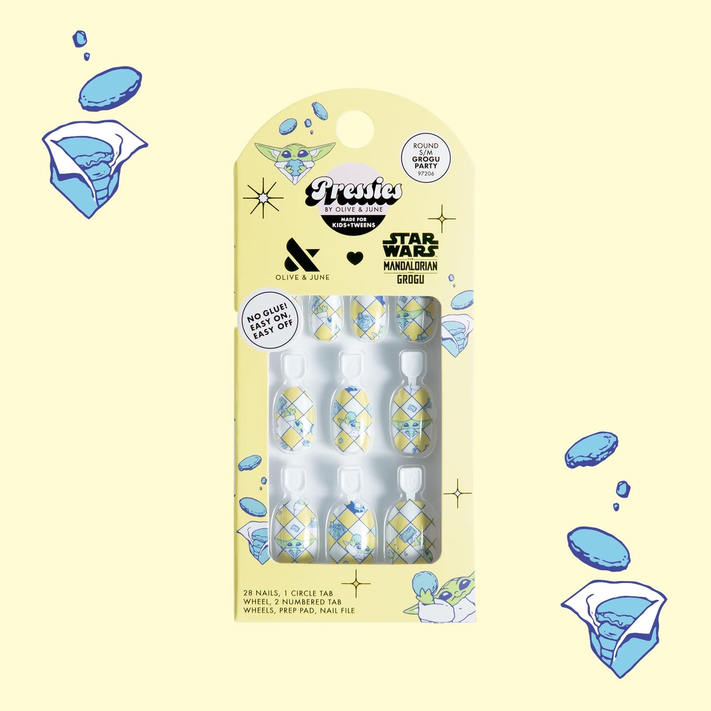 Olive & June Pressies Kids Press-On Nails (No Glue) | Star Wars: The Mandalorian & Grogu | 28 Fake Nails, 14 Sizes, 1 Nail File | Easy On-Off Mani Non-Toxic Tabs | S/M, Round | Grogu Party
