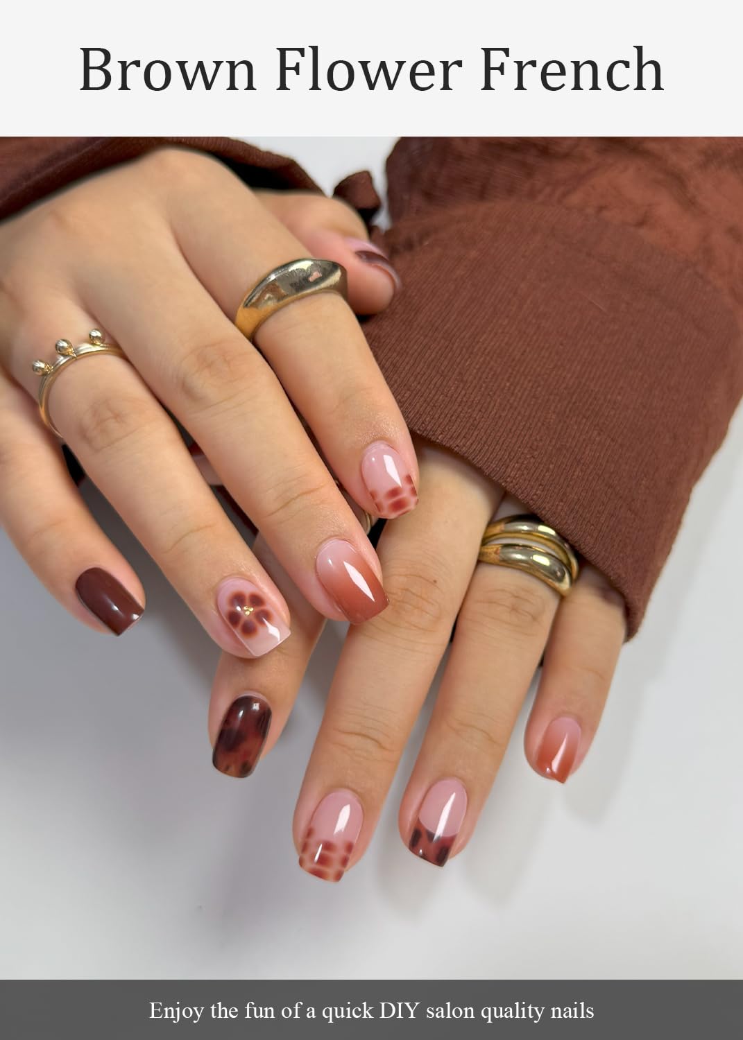 AutyaMee Semi Cured Gel Nail Strips (Brown Flower French), 20 Pcs Fall Gel Nail Wraps, Stickers, UV Light Required, Salon Quality, Long Lasting