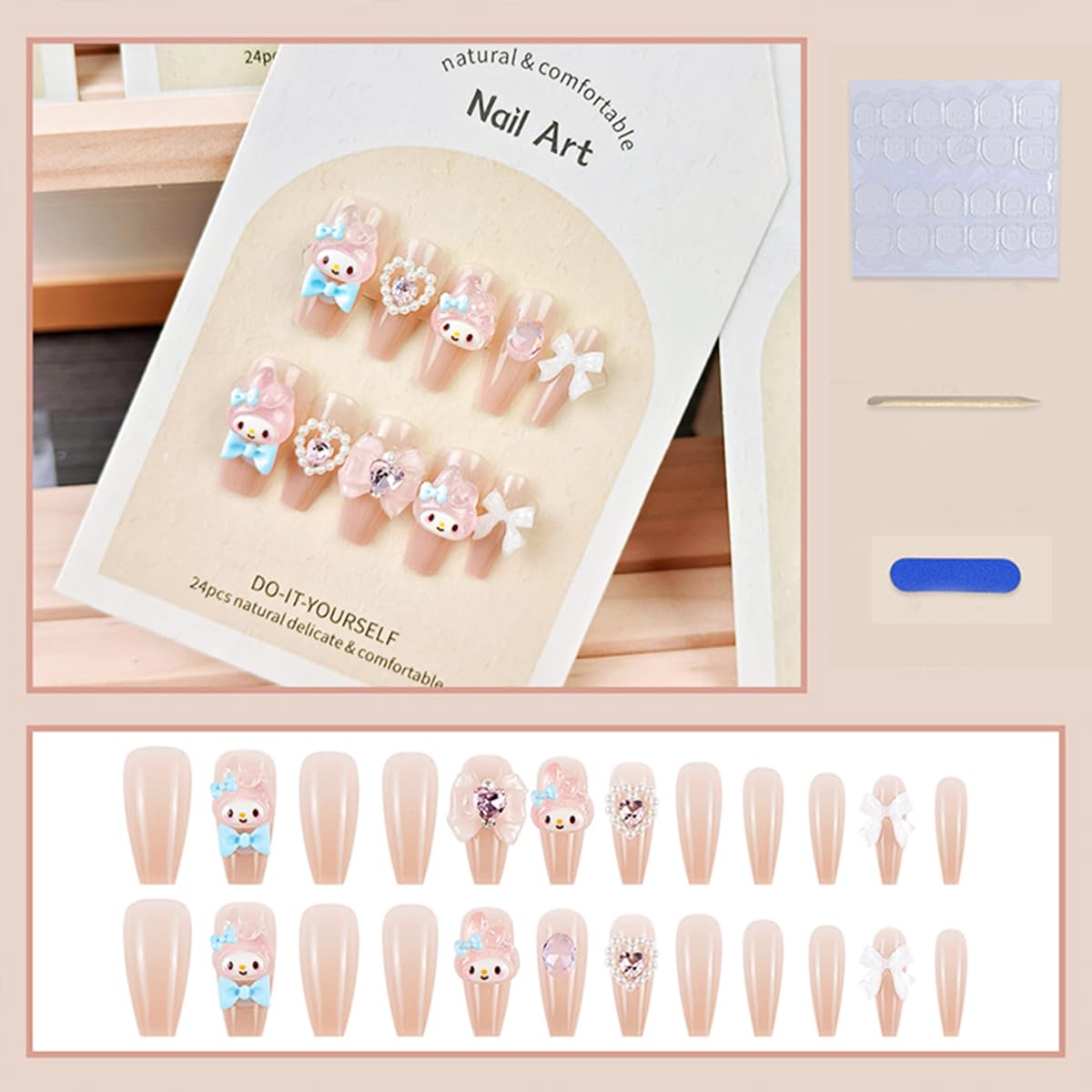 24Pcs Nude Press On Medium Square Glossy Glue On Nails With 3D Kawaii Heart Bow Charms Design French Stick On Cute False Artificial Acrylic Nails For Women Girls Manicure