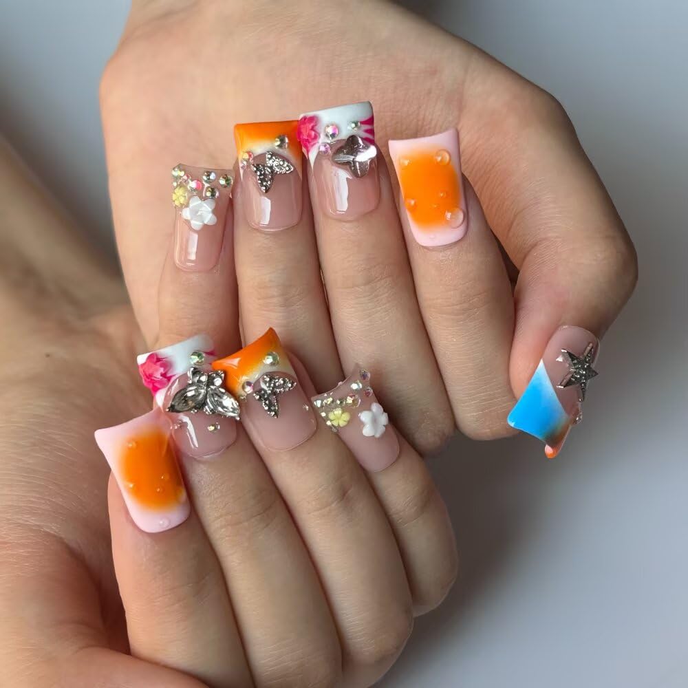 MXYIYANR Press On Nails - Handmade Nails Yellow Duck Nails for Women, French Pearl Nail Tips Reusable Stick On Fake Nails, DIY Art Decorate with Nail File Kit (SIze M)