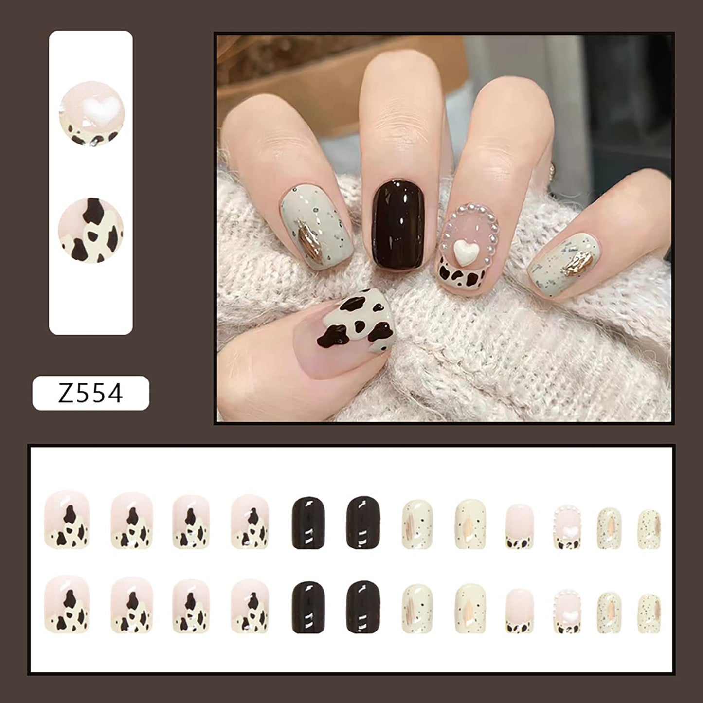 Press on Nail Short Square Length, 24Pcs Full Cover Reusable False Nails Kits, Glue On Nails with Cow Print Designs, Artificial Fingernails Acrylic Fake Nails for Women, Stick on Nails Coffin Shape
