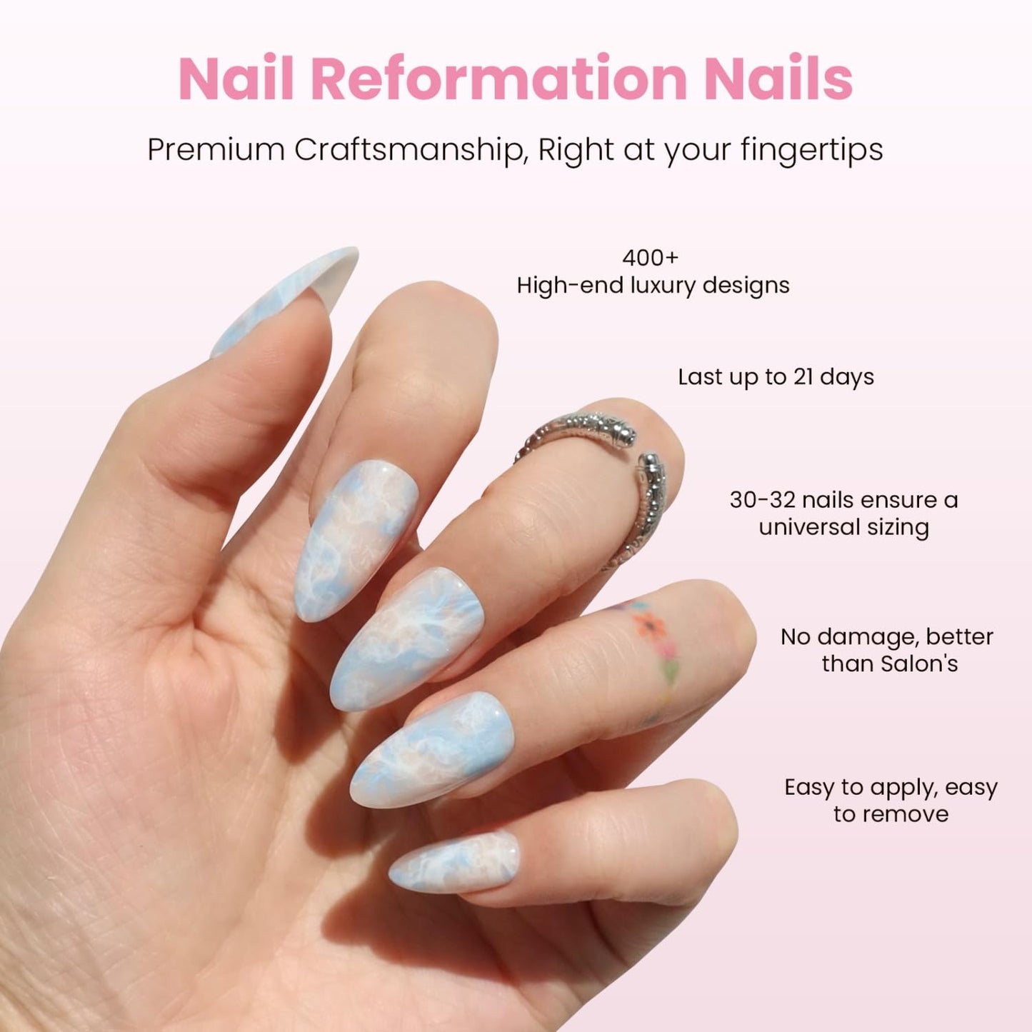 Nail Reformation Press On Nails, Marble Dream | Pastel Medium Almond Fake Nails in Blue Pink White with Glossy Finish, Reusable Stick On Nails in 15 Sizes - 30 Nail Kit with Glue, Gifts for Women