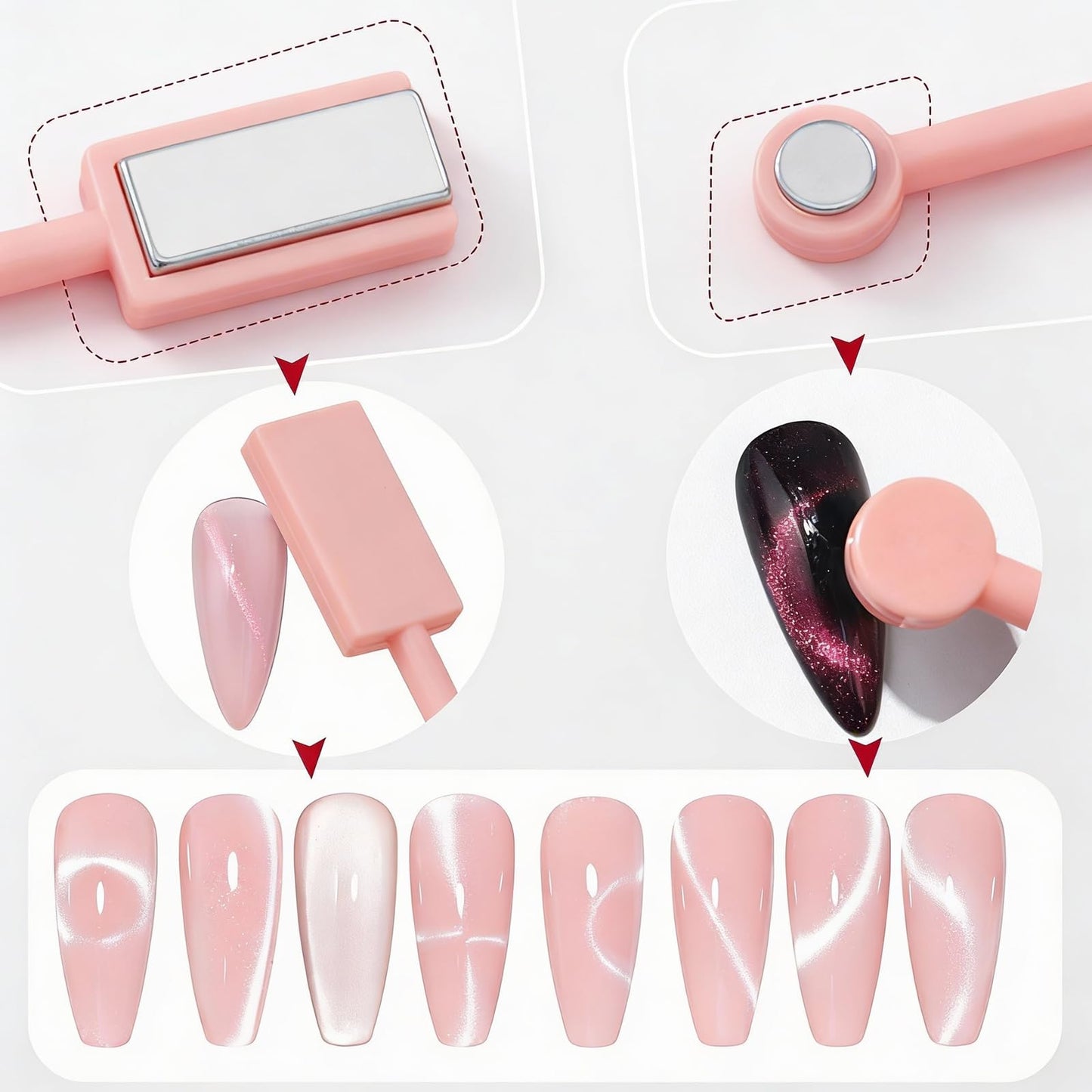 YECIRALA 4 Pcs Pink Nail Art Cat Eye Magnets For Nails, 3 In 1 Heart Nail Magnet Pen And 3 Unique Versatile Cateye Magnet Tool For Nail Art, Heart, Lines & Flower Effect Gel Nail Polish Magnet