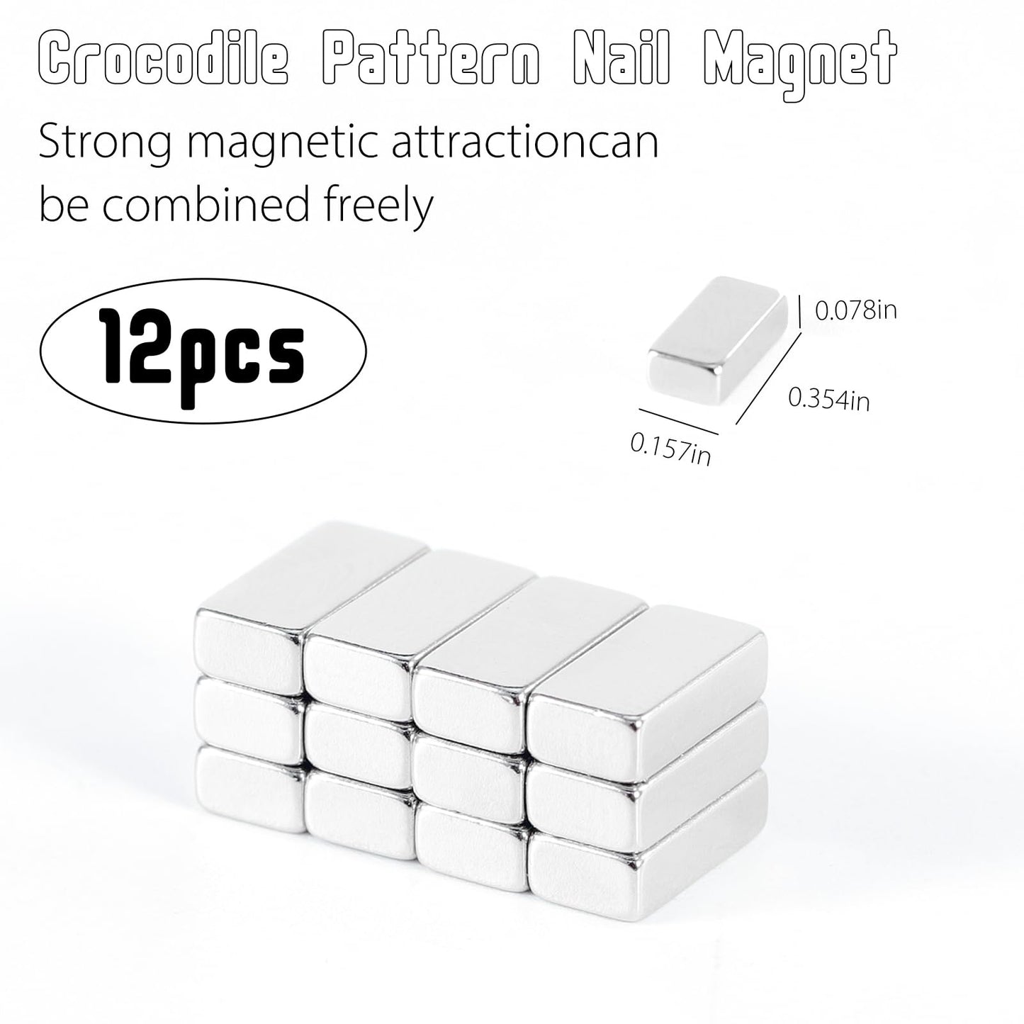 XEAOHESY 12 Pieces Cat Eye Magnet for Nails Rectangle Nail Magnet Square Nail Art Magnet with Crocodile Pattern Effect Powerful Manicure Magnetic Tool for Cat Eye Gel Nail Polish（0.39*0.19*0.12inch）