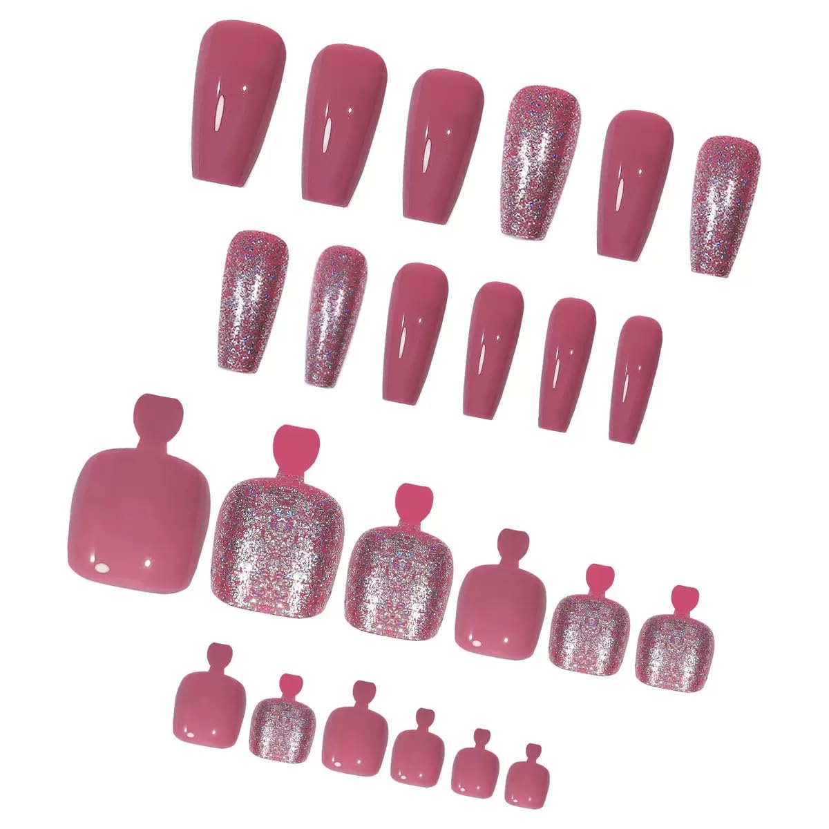 CTTHNBD Pink Press on Nails & Square Press on Toenails Set, Medium Coffin Fake Nails with Glitter Design - for Women 48 Pcs
