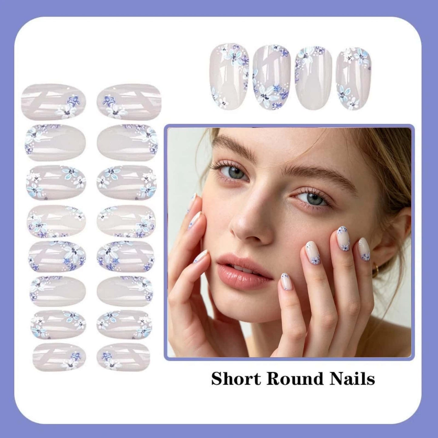 French Flower Press on Nails Short Round Fake Nails with Blue Floral Design Glossy White Glue on Nails Spring Summer Reusable Artificial Nail Full Cover Stick on Nails for Women 24Pcs