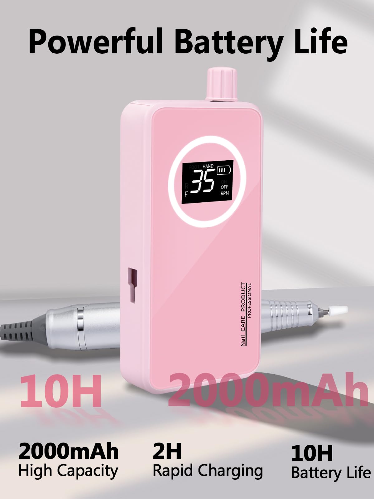 Nail Drill, Portable Electric Nail File 50000RPM, Rechargeable Nail Drill Professional with Bits for Acrylic Gel Nails, E-File Machine Manicure Polishing for Salon Home,Pink