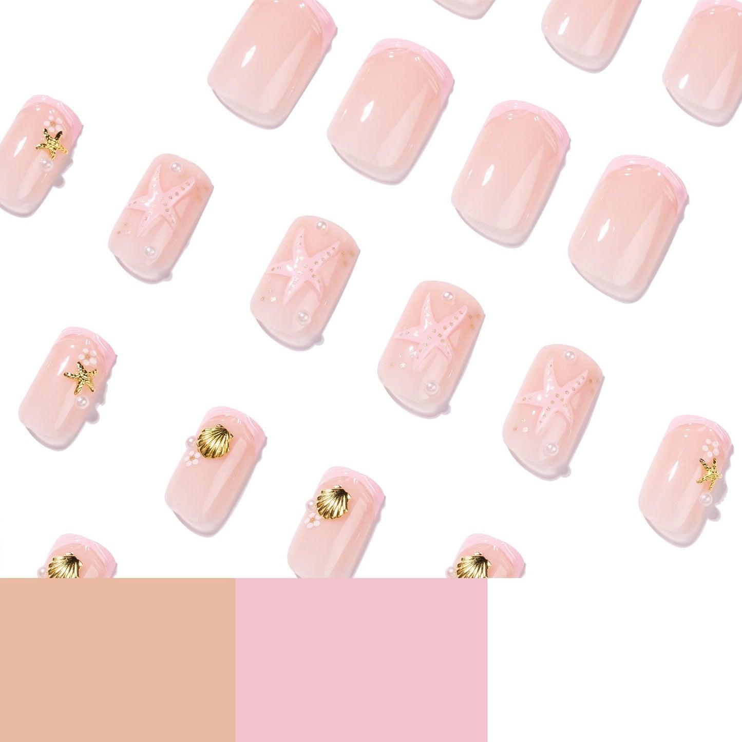 CTTHNBD Short Press on Nails Square - Summer Fake Nails with Starfish Shell Design - Pink False Nails Press ons - for Women 24 Pcs
