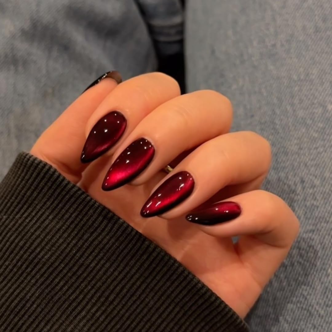KQueenest Burgundy Cat Eye Press on Nails Medium Almond Shape & Sheer Press on Nails Short Oval For Women Girls Daily Party Decoration in 54 Pcs