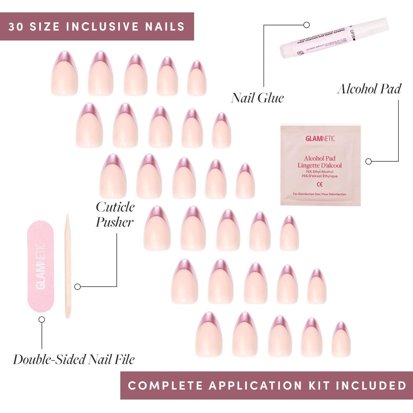 Glamnetic Press-On Nails & Adhesive Nail Tabs - Rock Candy | Short Almond Nails with Pink Chrome French Tips | 15 Sizes - 30 Nail Kit with Adhesive Tabs